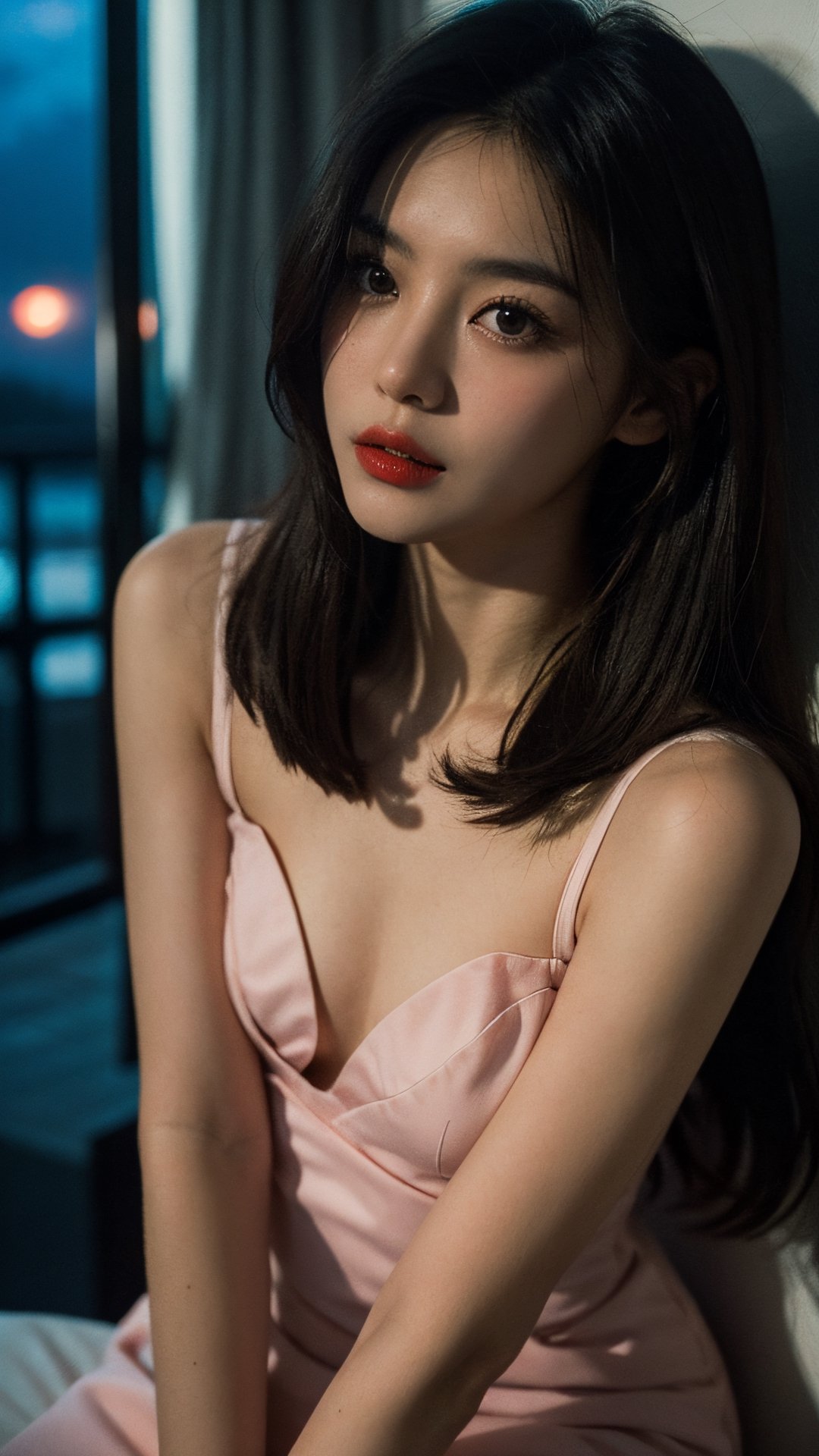 (dress), (masterpiece),((soft light)), beautiful long straight brown hair, a face of perfect proportion, 20s, pink lipstick, small breast, close up camera, focus on eyes, (dark: 1.8), (night: 1.6), Hongkong street, eye_half_closed, lure, sexy,