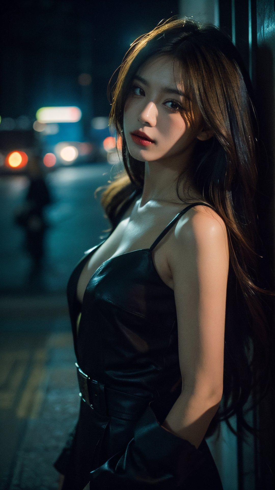 (dress), (masterpiece),((soft light)), beautiful long straight brown hair, a face of perfect proportion, 20s, pink lipstick, small breast, close up camera, focus on eyes, (dark: 1.8), (night: 1.6), Hongkong street, eye_half_opened