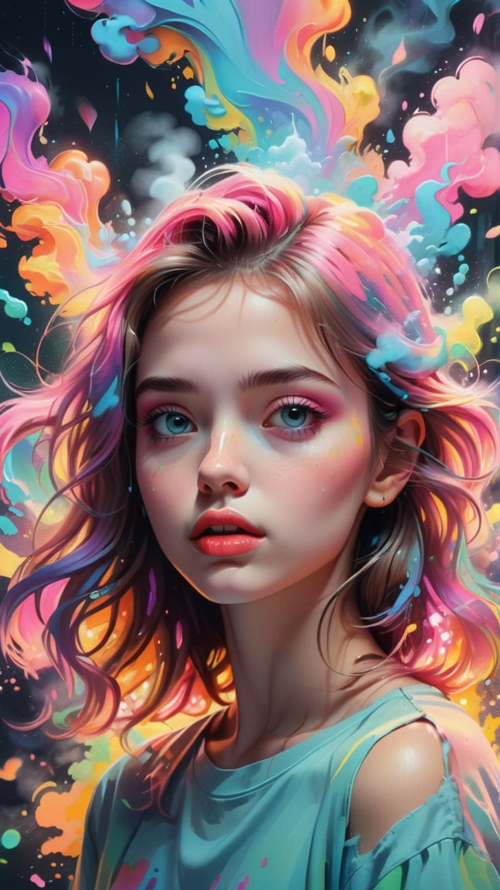 top quality, best quality, soft pastel colors, cartoon style illustration of a girl as she sees the world while experiencing hallucinations, 20 yo, stoned, splash art, splashed pastel colors, (soft iridiscent glowy smoke) motion effects, best quality, wallpaper art, UHD, centered image, MSchiffer art, ((flat colors)), (cel-shading style) very vibrant neon colors, ((low saturation)) ink lines, iridiscent