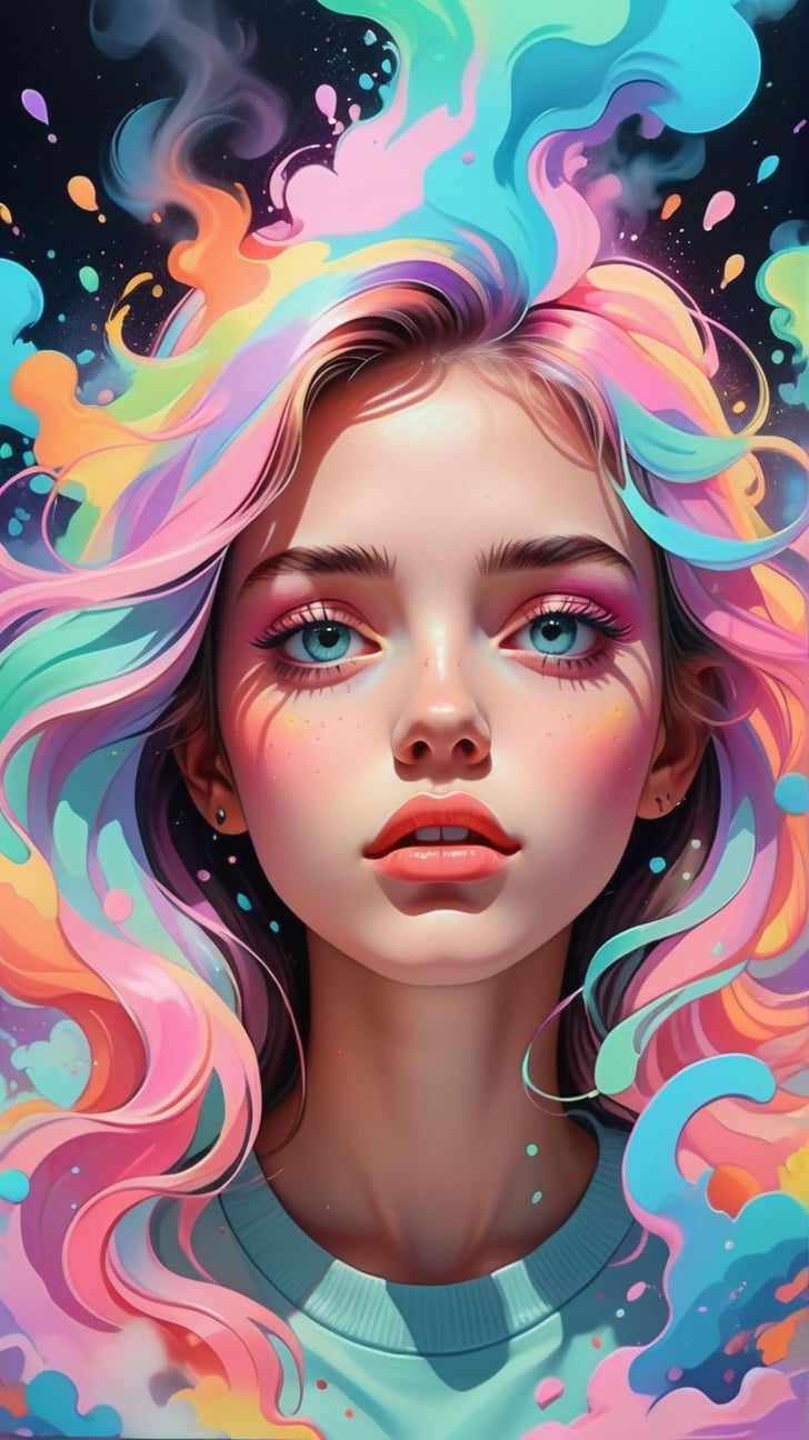 top quality, best quality, soft pastel colors, cartoon style illustration of a girl as she sees the world while experiencing hallucinations, 20 yo, stoned, splash art, splashed pastel colors, (soft iridiscent glowy smoke) motion effects, best quality, wallpaper art, UHD, centered image, MSchiffer art, ((flat colors)), (cel-shading style) very vibrant neon colors, ((low saturation)) ink lines, iridiscent