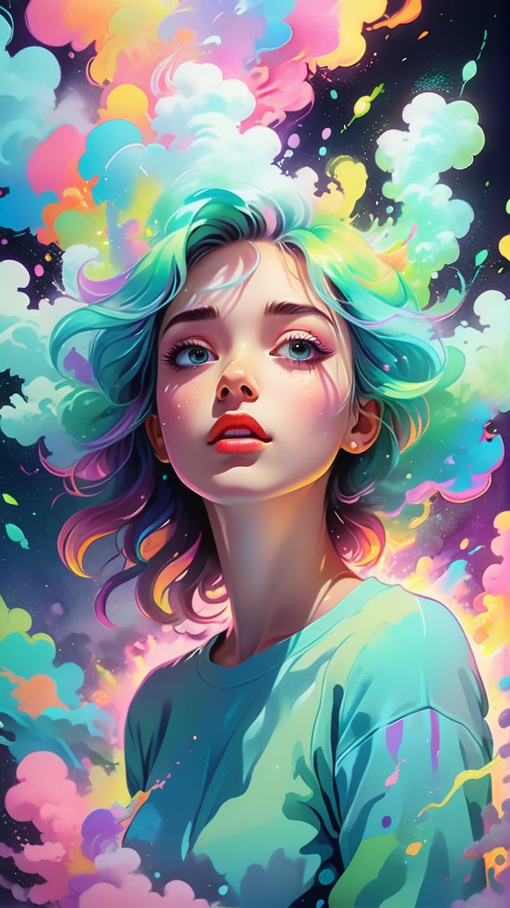 top quality, best quality, soft pastel colors, cartoon style illustration of a girl as she sees the world while experiencing hallucinations, 20 yo, stoned, splash art, splashed pastel colors, (soft iridiscent glowy smoke) motion effects, best quality, wallpaper art, UHD, centered image, MSchiffer art, ((flat colors)), (cel-shading style) very vibrant neon colors, ((low saturation)) ink lines, iridiscent