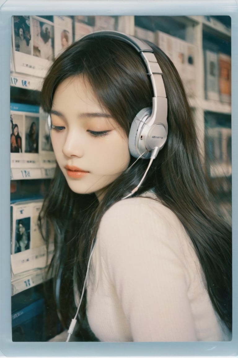 1girl inside a CD store and wearing a headset, close eye, enjoy music, portrait of a girl,  Chinese style, clear polaroid, film, long hair, coolness, realistic, high resolution, high detail, photo, RAW, real life, xxmix_girl, FilmGirl,