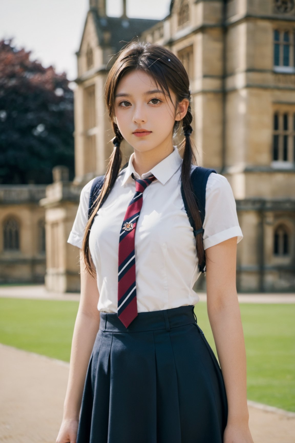 xxmix_girl,
//Photo of,
1girl, solo, a 20 year old girl in School uniforms for British students
//Camera style,
centered shot, from front, face and waist,  look at camera,
long ponytails hair ,
//Body,
Oxford University Campus, masterpiece, smile, cold, full-body_portrait
