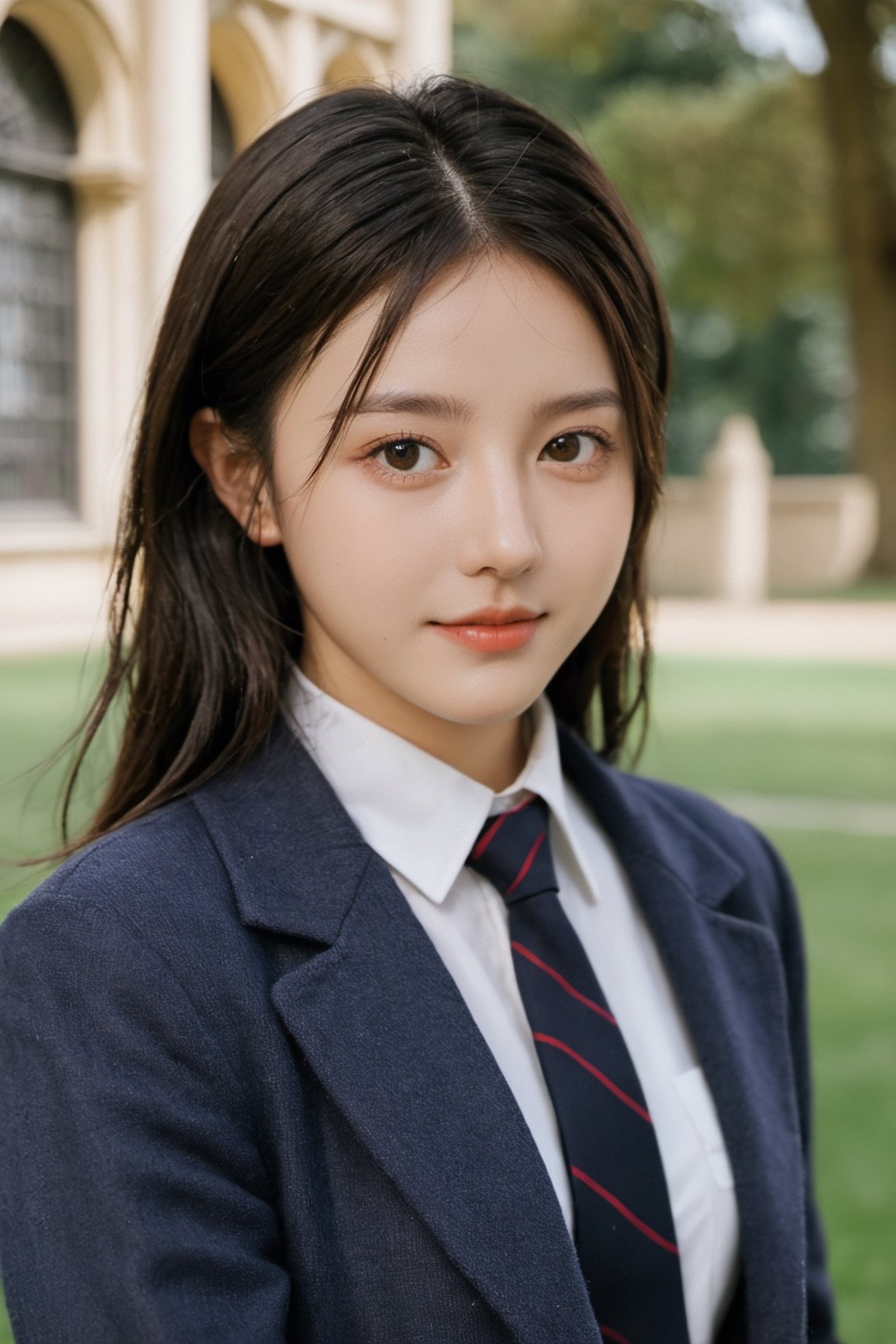 xxmix_girl, a 20 year old girl in School uniforms for British students, film, Oxford University Campus, masterpiece, smile, cold, full-body_portrait