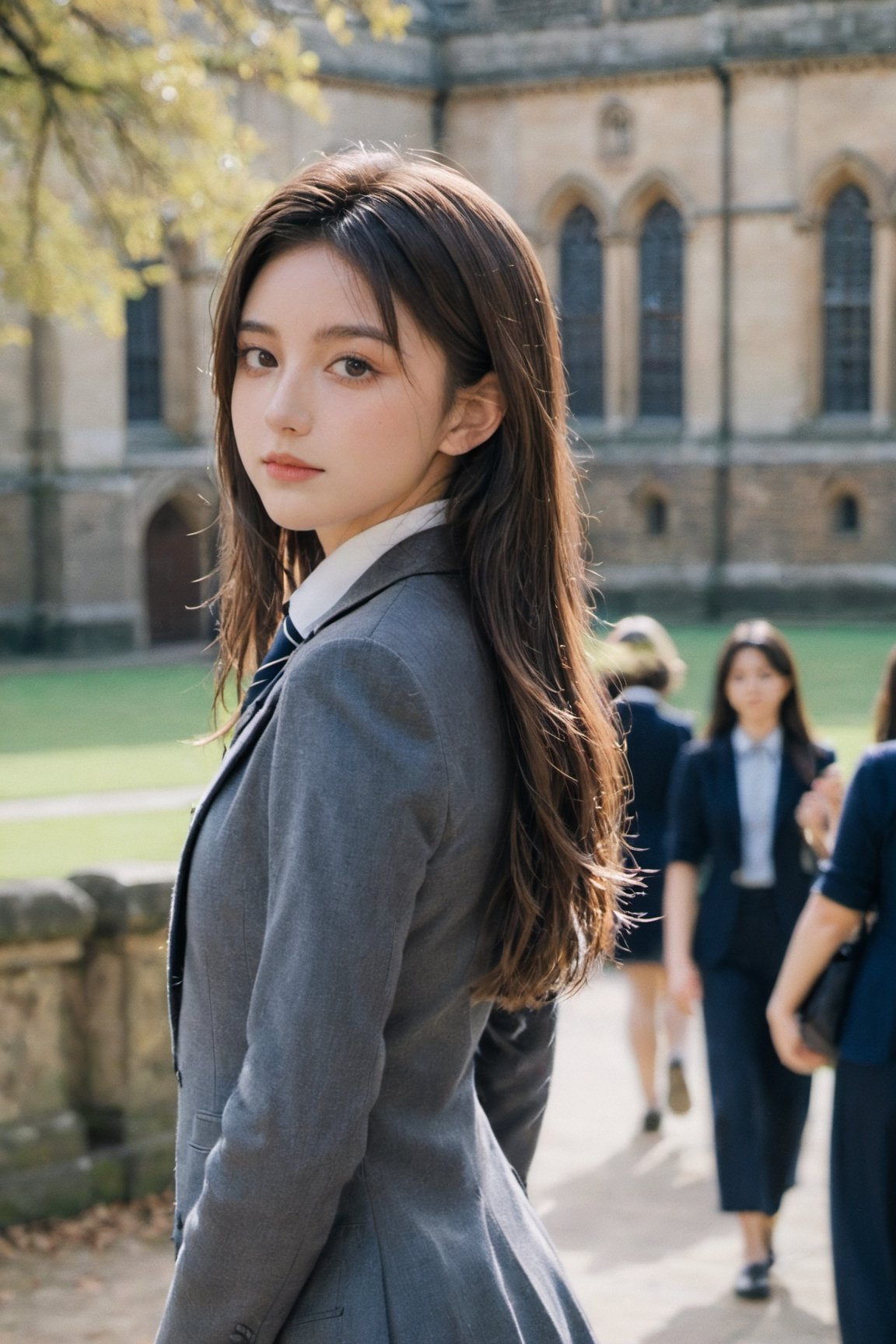 xxmix_girl,
//Photo of,
1girl, solo, a 20 year old girl in School uniforms for British students
//Camera style,
centered shot, from behind, face and waist,  look at camera,
long brown hair ,
//Body,
Oxford University Campus, masterpiece, smile, cold, full-body_portrait
