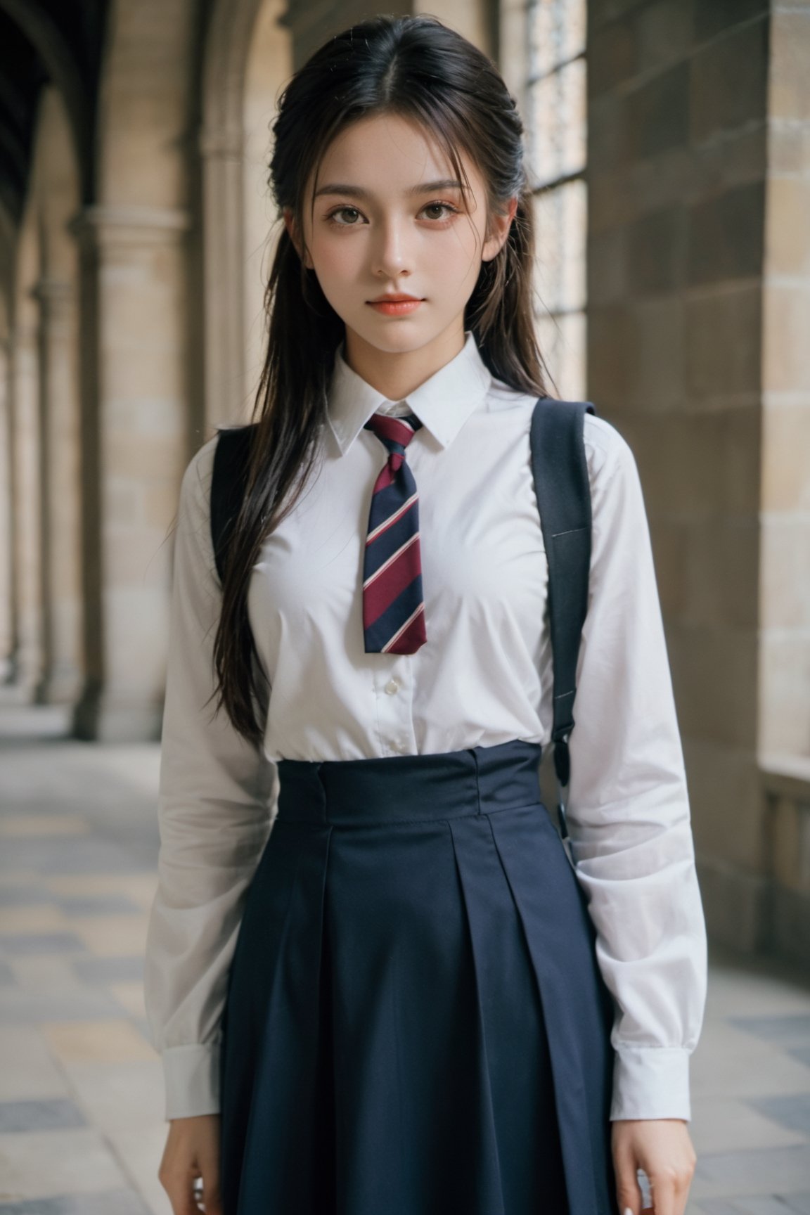 xxmix_girl, a 20 year old girl in School uniforms for British students, film, Luxurious Medieval European Museum, masterpiece, smile, cold, full-body_portrait, long hair tied up