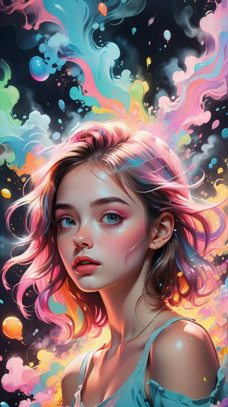 top quality, best quality, soft pastel colors, cartoon style illustration of a girl as she sees the world while experiencing hallucinations, 20 yo, stoned, splash art, splashed pastel colors, (soft iridiscent glowy smoke) motion effects, best quality, wallpaper art, UHD, centered image, MSchiffer art, ((flat colors)), (cel-shading style) very vibrant neon colors, ((low saturation)) ink lines, iridiscent