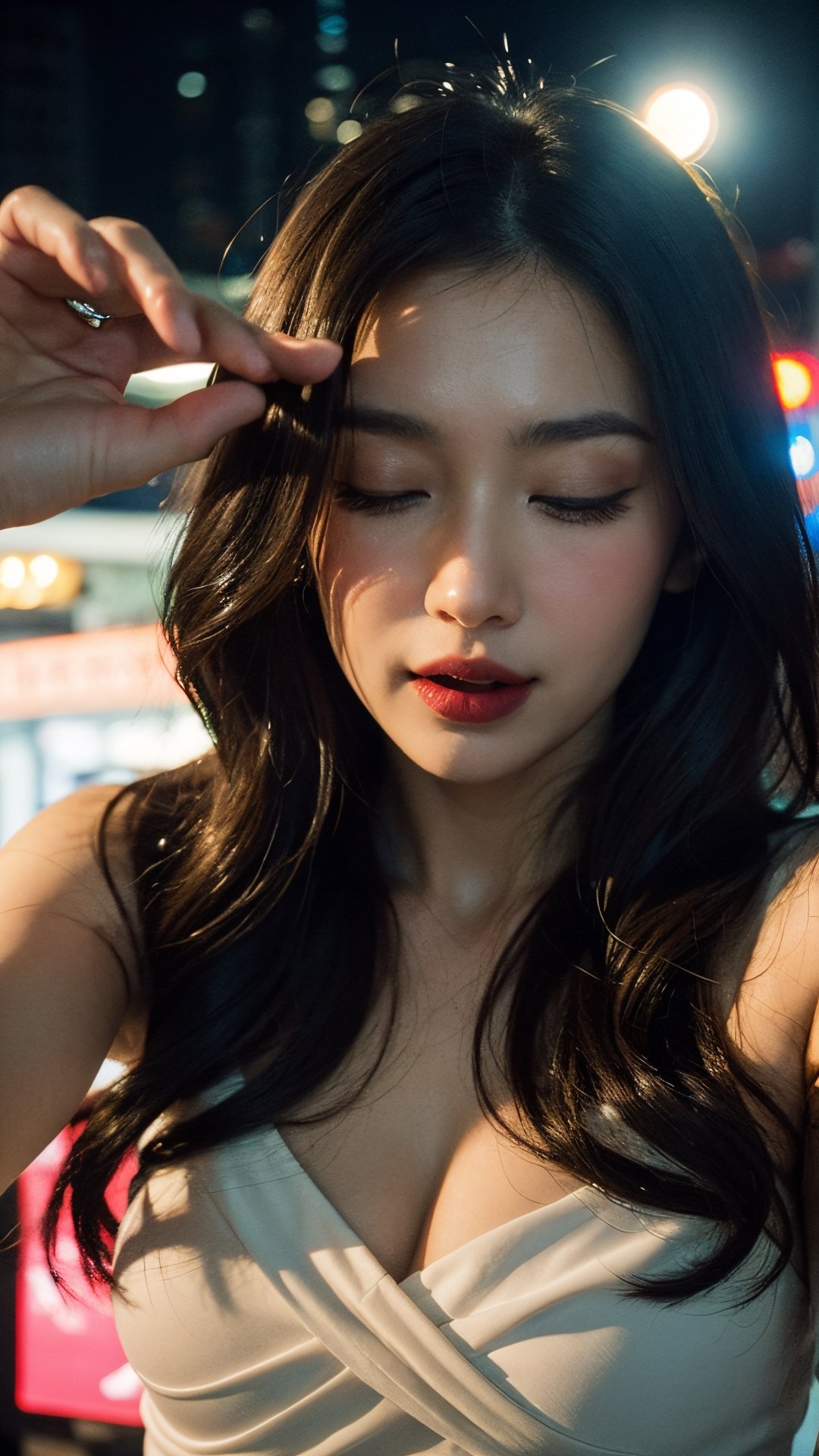 (dress), (masterpiece),((soft light)), beautiful long wavy brown hair, a face of perfect proportion, 20s, pink lipstick, small breast, close up camera, focus on eyes, (dark: 1.8), (night: 1.6), Hongkong street, hands toward the camera, selfy angle, tongue out, one eye closed winky