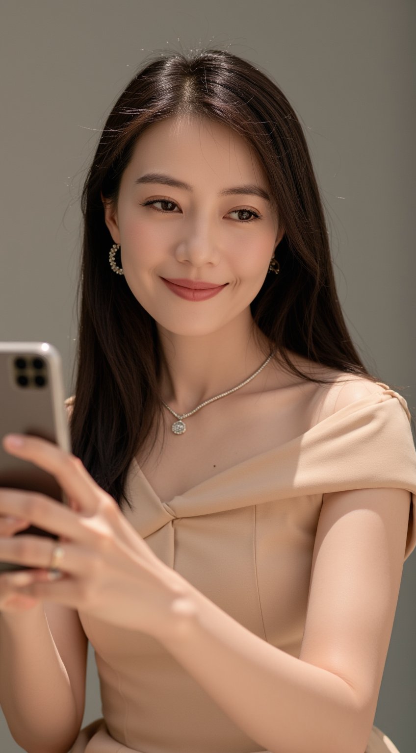 YYG, a Chinese female, 25 years old, with long flowing hair draped over her shoulders, elegant temperament, long flowing hair, wearing simple and fashionable earrings, showing maturity and elegance. She was wearing a beige evening dress and holding a mobile phone to take pictures.