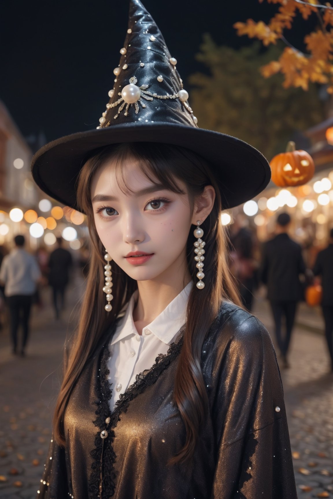 ((1 girl in Halloween costume and wizard hat on festival Halloween night, cute)), rich and sophisticated image of girl with pearl earrings with Ultra-detailed, professional cinematic effects, beautiful, 8k Ultra HD, 
// full_body, head to legs