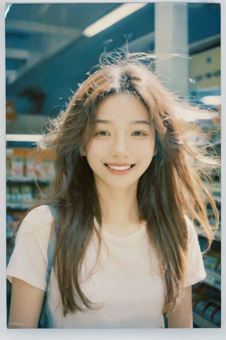 1girl, inside super-market, portrait of a girl, aoqun, Chinese style, clear polaroid, film, rough feeling, long hair, hair blowing in the wind, smile, coolness, realistic, high resolution, high detail, photo, RAW, real life, xxmix_girl, FilmGirl,