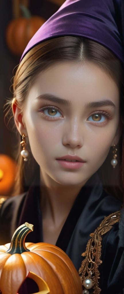 ((1 girl with Halloween costume and wizard hat holding a halloween pumpkin , in the halloween night festival,adorable, happy)), Opulence and sofistication, intricate and colorful image of the girl with the pearl earring wearing a time-piece outfit with ultra detailed glowing fractal glass elements, professional cinematic results, sense of awe and beauty, hyperdetailed face, 8k UHD, sharp focus on eyes , johannes vermeer style,Digital painting ,  colorful rendition ,steampunk style, hazel eyes, shap focus on eyes ,Monster,arcane, prismatic glow elements ,ColorART,  warm brown eyes,art by sargent,
// face and waist