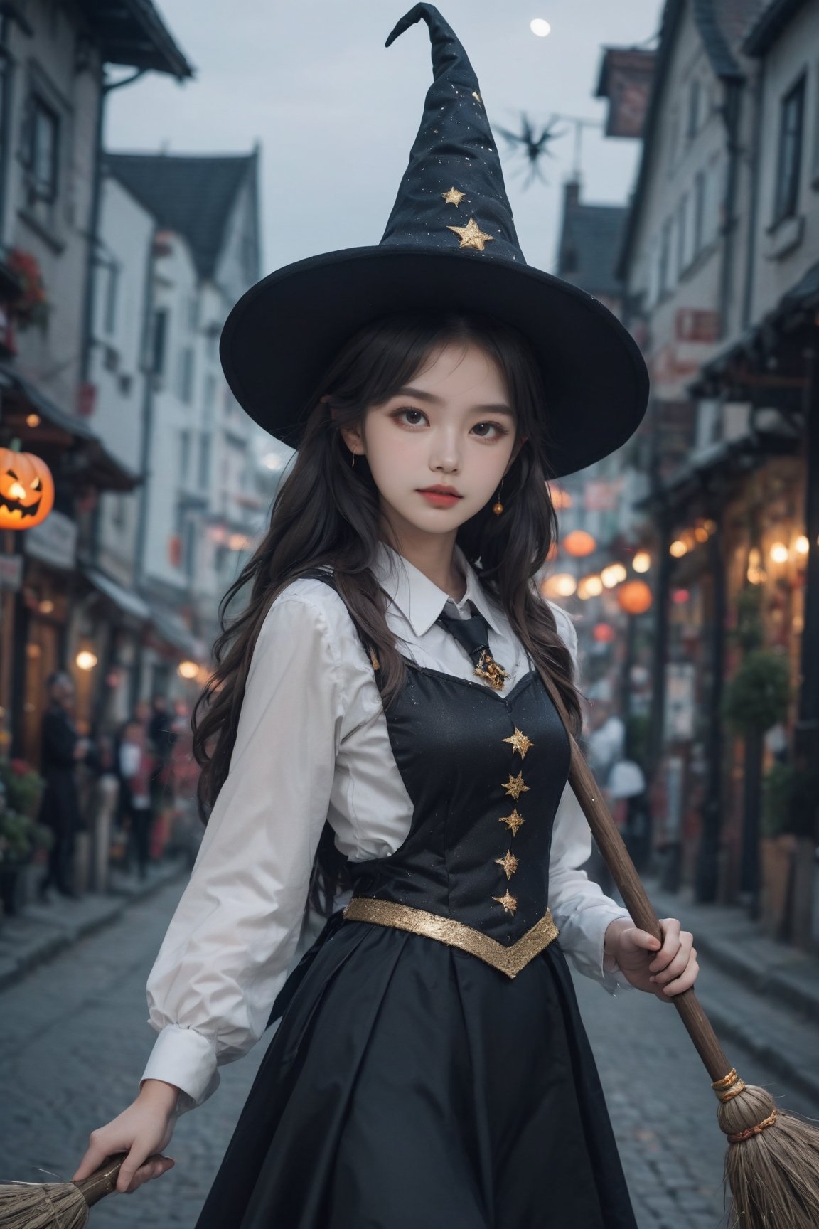 ((1 girl in halloween costume and wizard hat and riding wizard's broom on festival halloween night, cute)), rich and sophisticated image of girl with pearl earrings in timepiece costume with Ultra-detailed, professional cinematic effects, beautiful, ultra-detailed faces, 8k Ultra HD,
// face and waist