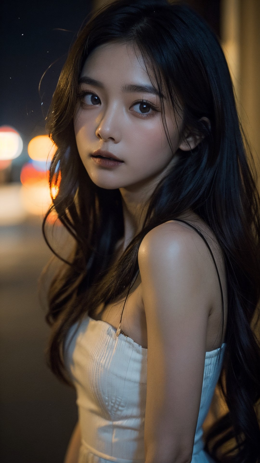 (dress), (masterpiece),((soft light)), beautiful long wavy brown hair, Detailed beautiful delicate eyes, brown eye pupil, a face of perfect proportion, 20s, skinny, small breast, close up camera, focus on eyes, (dark: 1.8), (night: 1.6), Hongkong street,