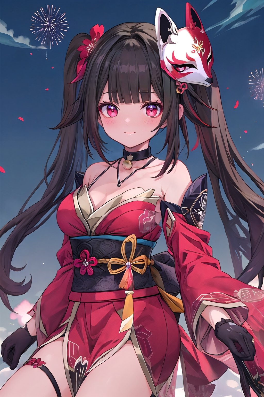 (((masterpiece))), (((best quality))), ((ultra-detailed)), (illustration), ((an extremely delicate and beautiful)), (detailed light), (bloom), looking at viewer,niji, hanabi, kitsune mask, red eyes,sparkle \(honkai: star rail\), twintails, hair ornament, solo, off shoulder kimono, mask on head, detached sleeves, choker, obi, single glove,thigh strap,smile,blush