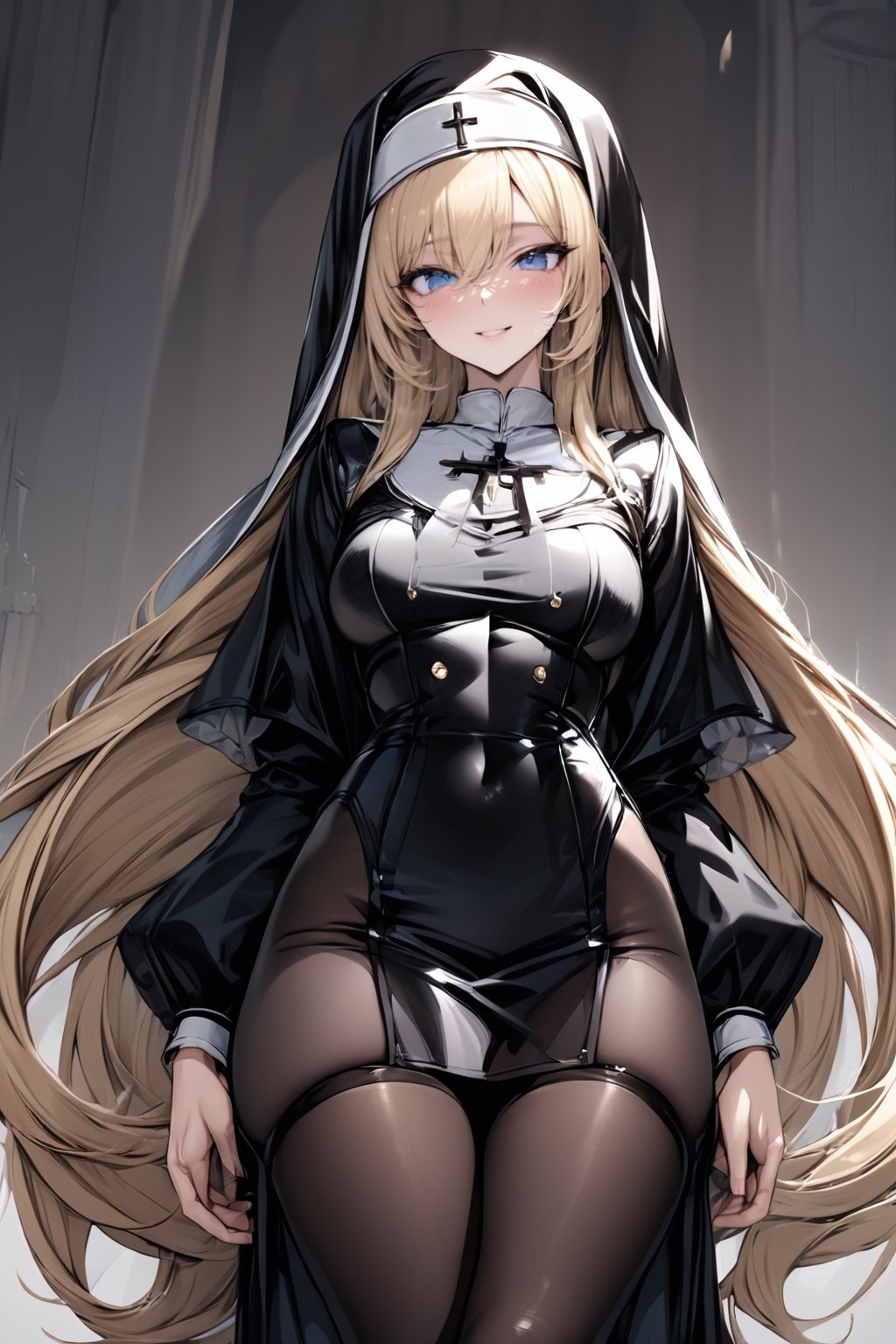 (((masterpiece))),  (((best quality))),  ((ultra-detailed)),  (illustration),blonde_hair,long_hair,pony_tail,blue_eyes,black thighhighs,(nun),smile,