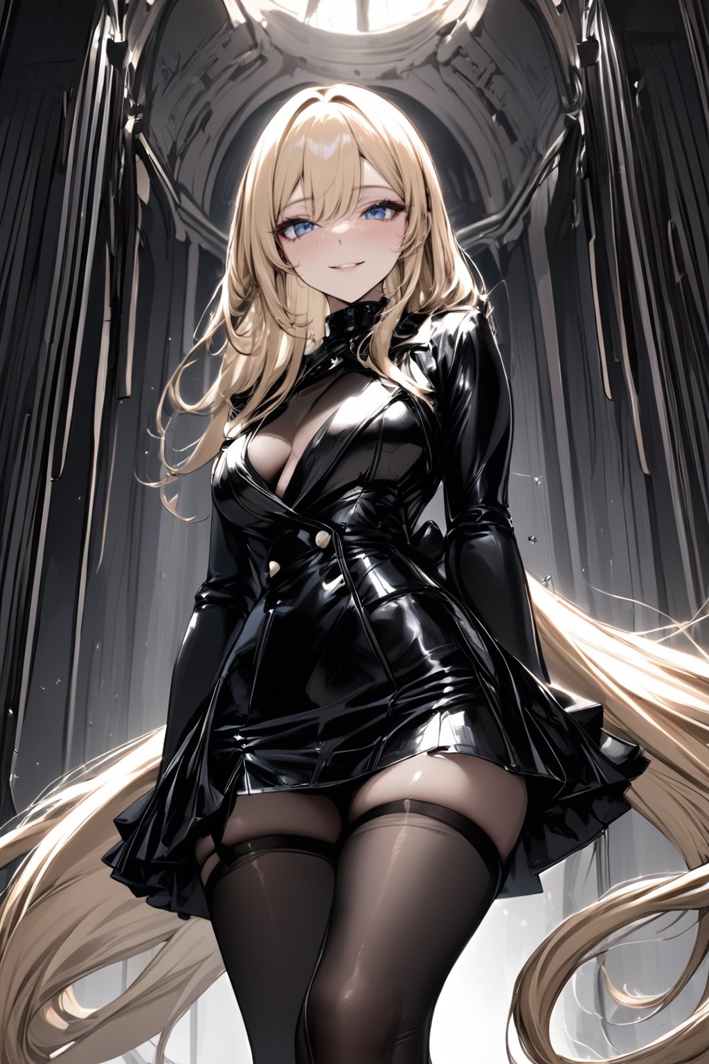 (((masterpiece))),  (((best quality))),  ((ultra-detailed)),  (illustration),blonde_hair,long_hair,pony_tail,blue_eyes,black thighhighs,(n.u.n.s.),smile,