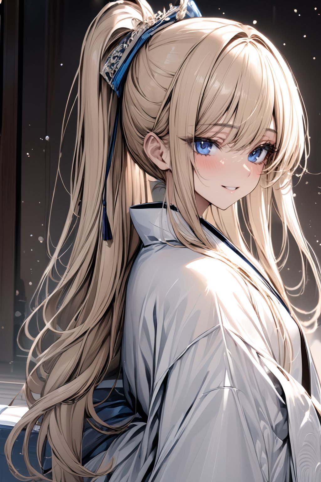 (((masterpiece))),  (((best quality))),  ((ultra-detailed)),  (illustration),blonde_hair,long_hair,pony_tail,blue_eyes,smile,uchikake