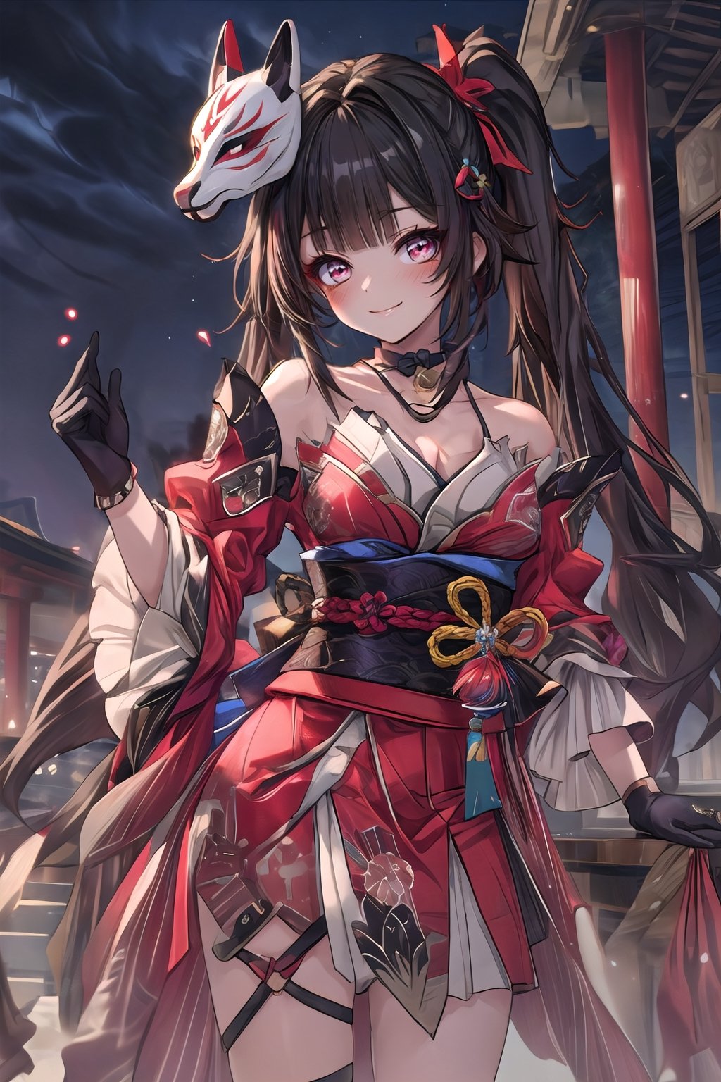 (((masterpiece))), (((best quality))), ((ultra-detailed)), (illustration), ((an extremely delicate and beautiful)), (detailed light), (bloom), looking at viewer, hanabi, kitsune mask, red eyes,sparkle \(honkai: star rail\), twintails, hair ornament, solo, off shoulder kimono, mask on head, detached sleeves, choker, obi, single glove,thigh strap,smile,blush,midjourney