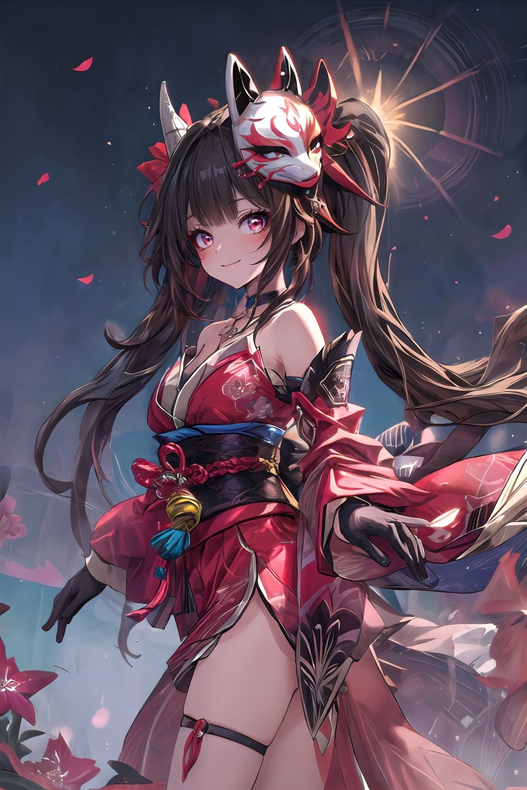 (((masterpiece))), (((best quality))), ((ultra-detailed)), (illustration), ((an extremely delicate and beautiful)), (detailed light), (bloom), looking at viewer, hanabi, kitsune mask, red eyes,sparkle \(honkai: star rail\), twintails, hair ornament, solo, off shoulder kimono, mask on head, detached sleeves, choker, obi, single glove,thigh strap,smile,blush,midjourney