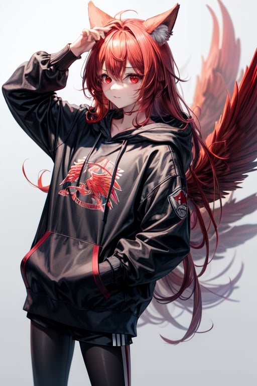 1girl, solo,red eyes,red wings,hoodie,red hair,long_hair ,wolf ears, wolf tail,