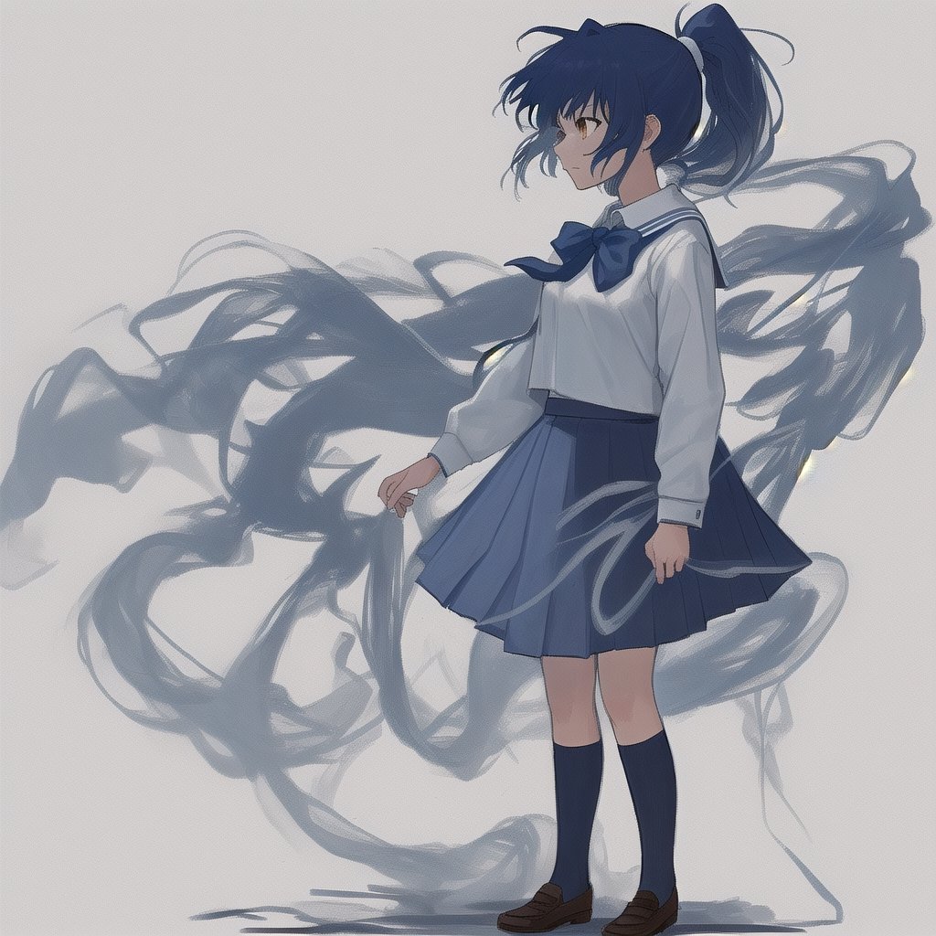 1girl, solo, full body front, bowed, face down, gloomy, school uniform, dark blue hair, brown eyes, ponytail, white background, simple background, standing, blue skirt