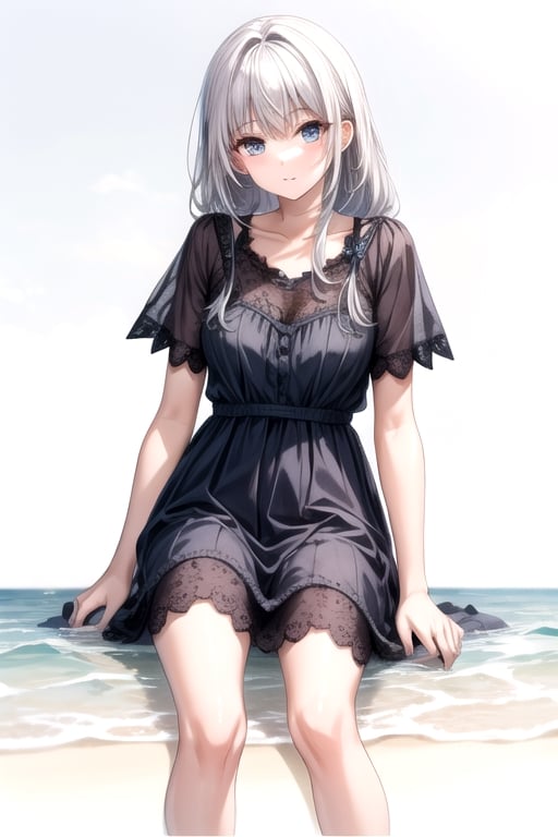 dress, white hair, delicate skin, sitting on the beach