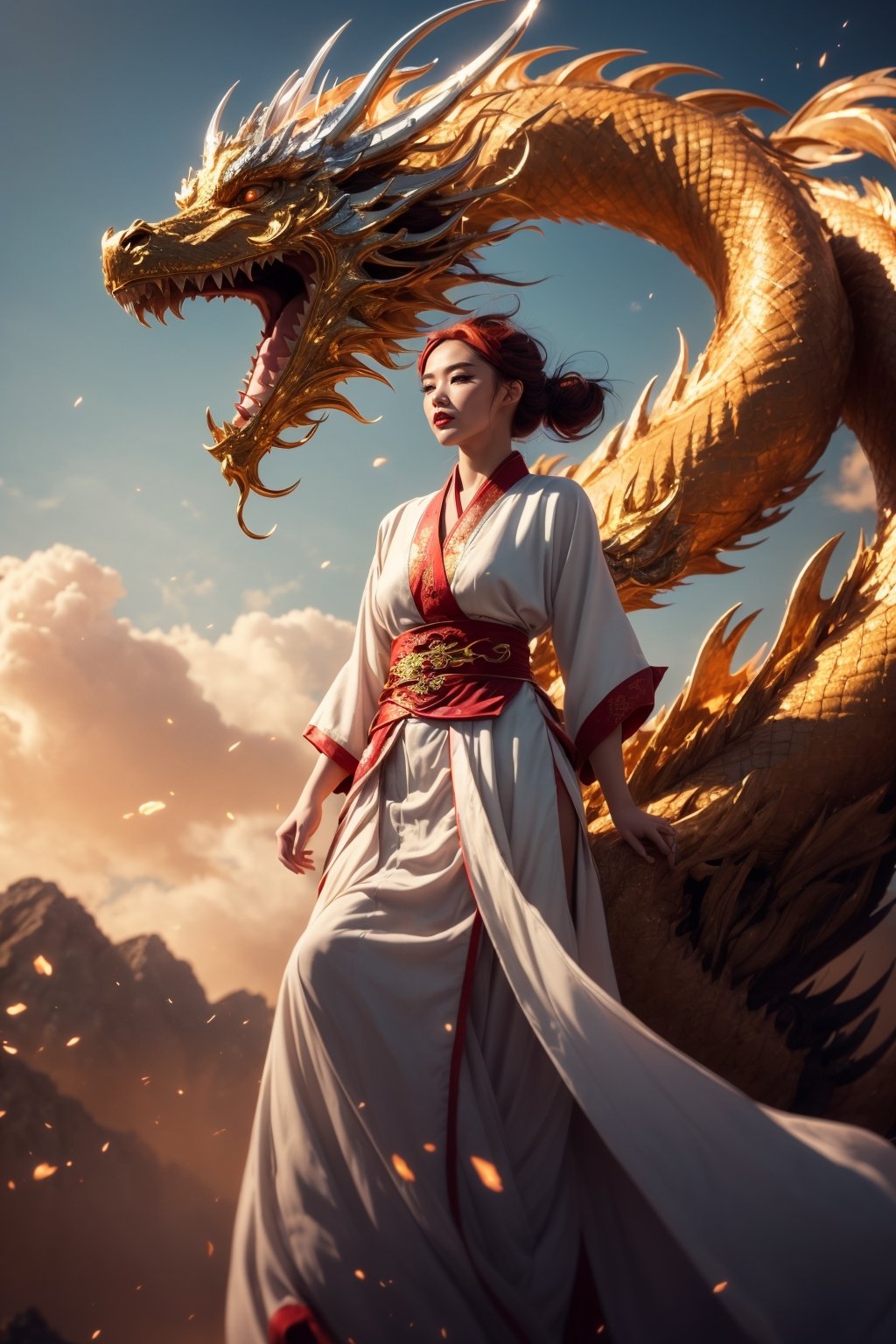 Masterpiece, top quality, best quality, official art, beauty and aesthetics: 1.3), (1 girl: 1.4), red hair, light green hanfu fashion, ((Chinese silver iron dragon)), flying in the sky, wooden lines, Volumetric lighting, ultra-high quality, realism, sky background, half body, detailed_background, 4k illustration,