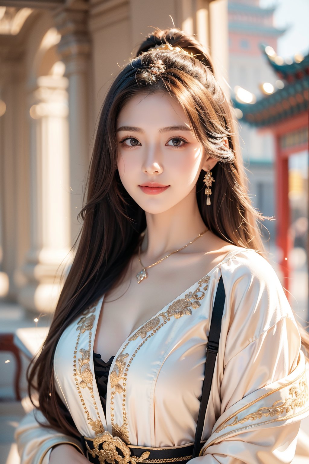 Chinese carved beams and painted buildings, 15 years old, beautiful girl, the Weaver Girl in the mythical story, very long hair, Han Dynasty hairstyle, brown hair, wearing fairy-like light-colored palace clothes, smile, best quality, 32k, realistic, super detailed, Delicate, high resolution, perfect dynamic composition, beautiful detailed eyes, sharp focus, fantastic details, western fashion, realistic, ultra-detailed