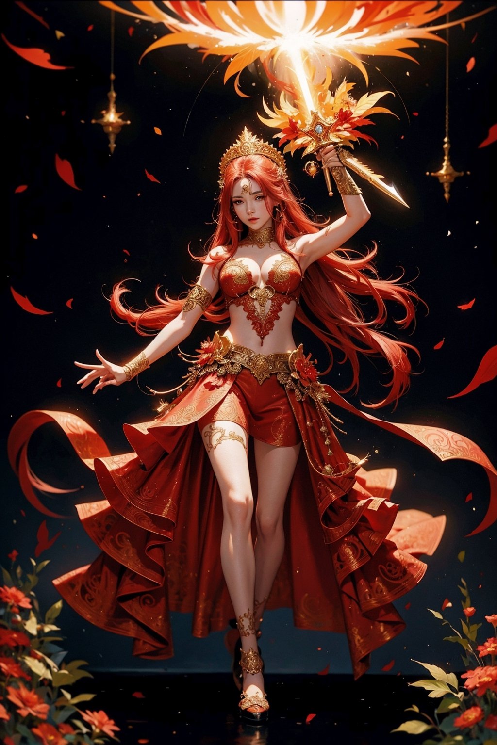 Full body image, 2.5D drawing, sexy 18 year old girl in fire goddess costume, fiery red hair with flower decoration, Pantone costume, magic valley, gold and red magic sword, light show, (Visual Arts, Abstract: 1.2) ,Fantasy,(Realism: 1.3),(Intricate Detail: 1.5),Shallow Depth of Field,Bokeh,Digital Illustration,Fantasy,AgoonGirl,1 Girl,