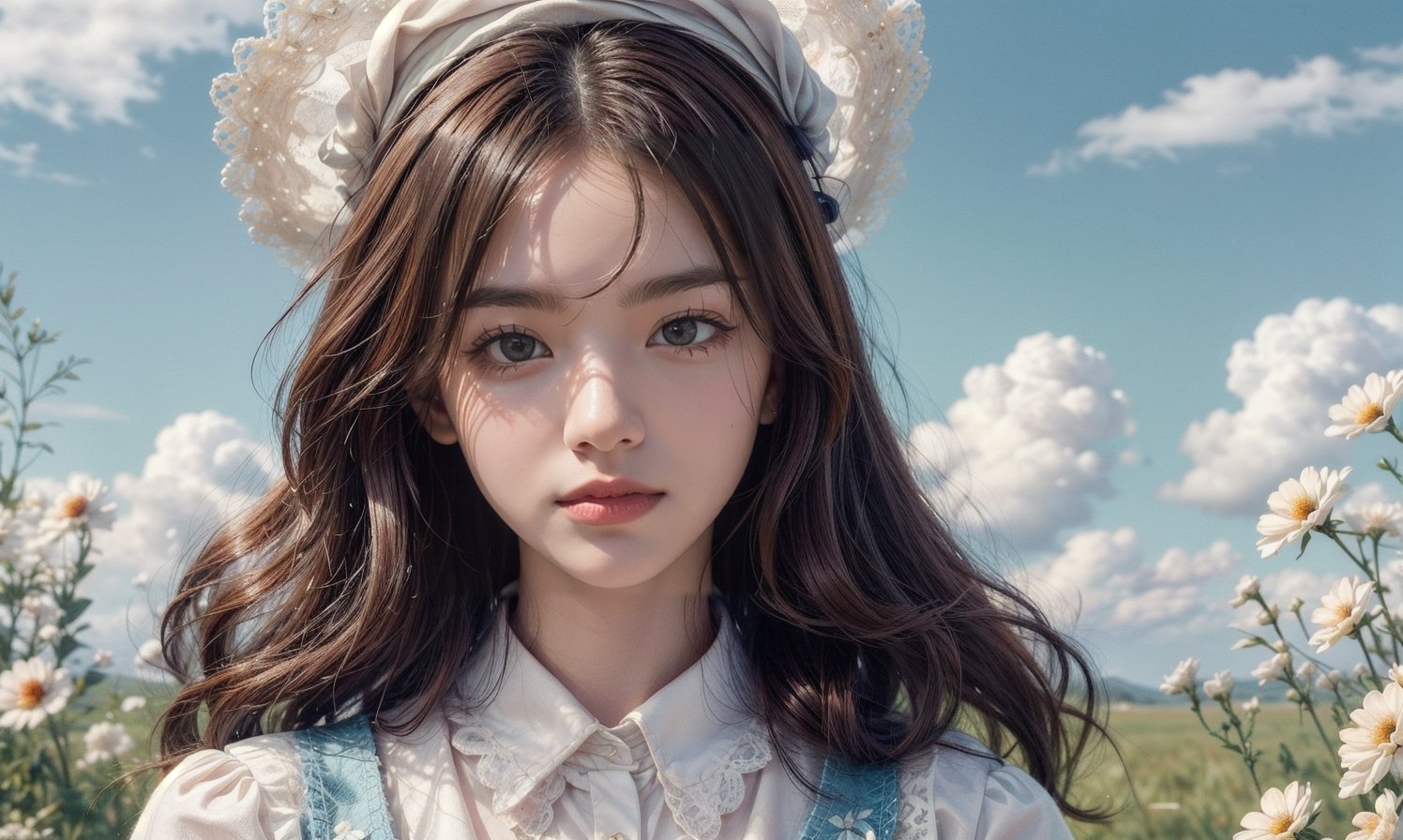 16K realistic wallpaper featuring a cute girl wearing Japanese clothes with brown hair and clear blue eyes. Details include lace skirt and hat. She smiles and looks into the camera with flowers and clouds on a white background.