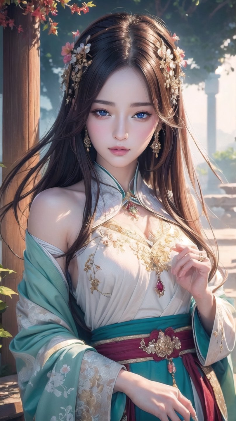 (masterpiece, top quality, best quality, official art, beautiful and aesthetic:1.2), (1girl), extreme detailed,(abstract, fractal art:1.3),highest detailed, detailed_eyes, light_particles, hanfu,jewelry, sexy, ,white,a jewel-encrusted sword)