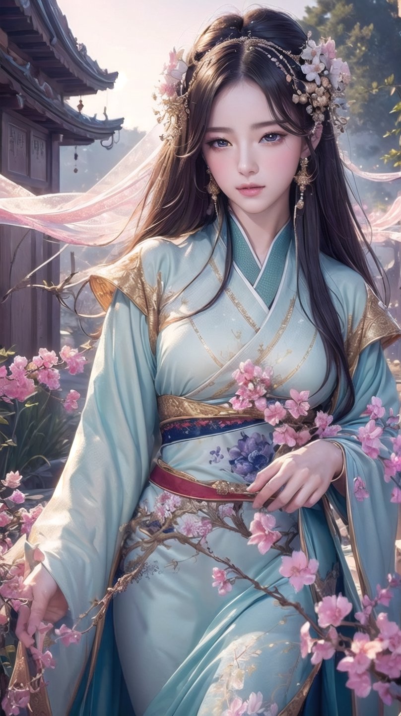 (masterpiece, top quality, best quality, official art, beautiful and aesthetic:1.2), (1girl), extreme detailed,(abstract, fractal art:1.3),highest detailed, detailed_eyes, light_particles, hanfu,jewelry, sexy, ,white,a jewel-encrusted sword)