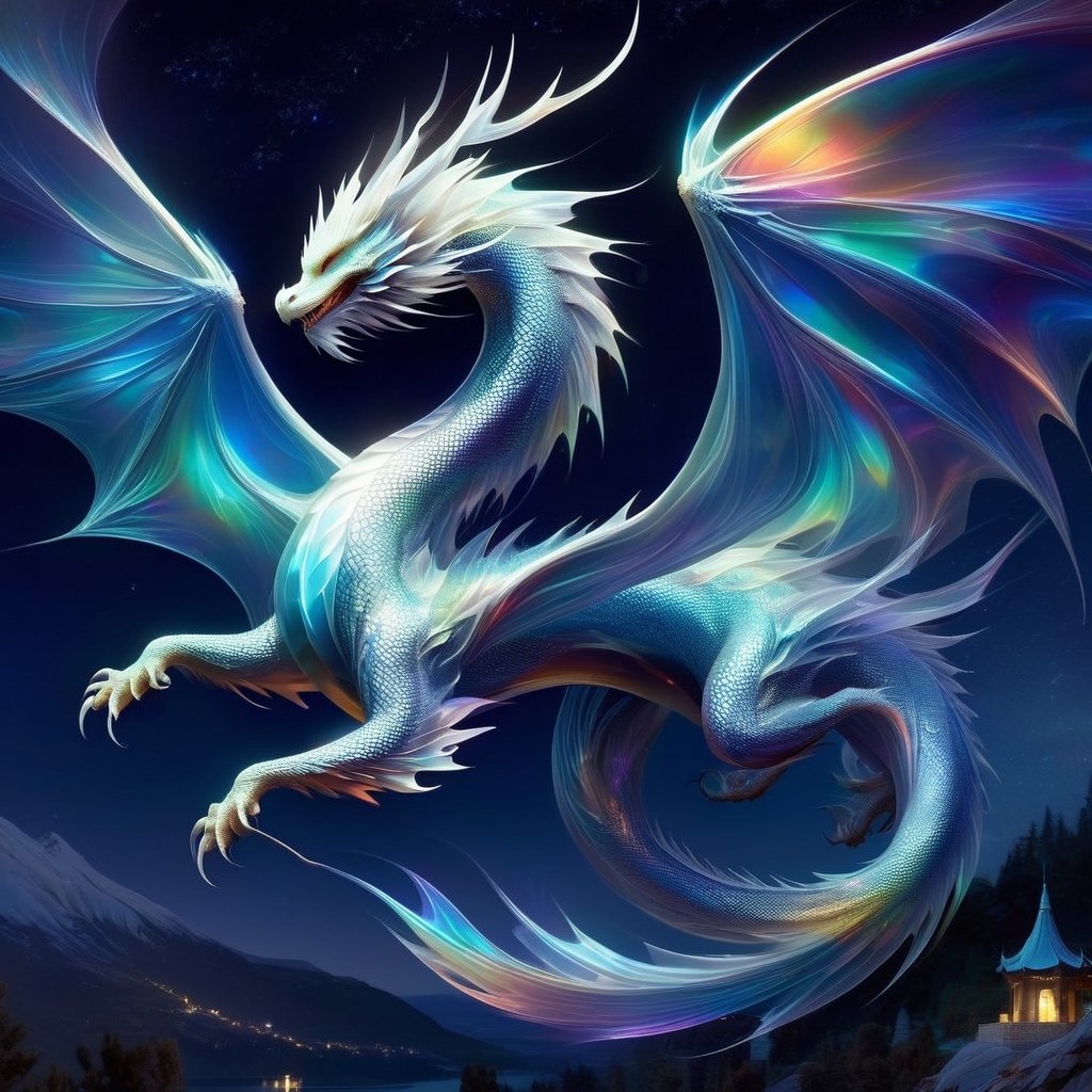 echmrdrgn western dragon, it's full body is iridescent splendour, semi-transparent and glowing opalescence, razor sharp talons and teeth, glorious wings, long whiskers, powerful long tail, high over a village background, full body, at night, starry sky, moonlight reflections,