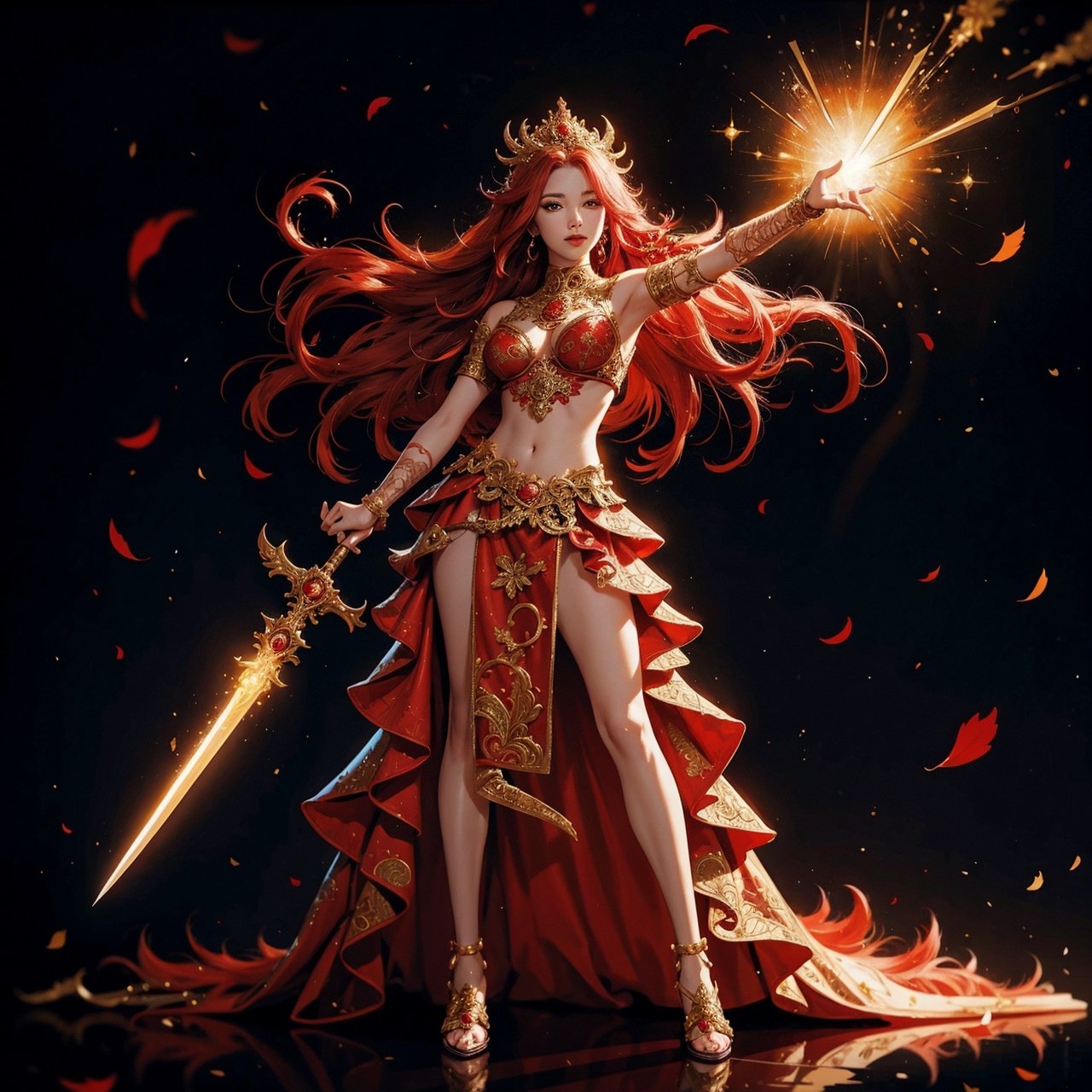 Full body image, 2.5D drawing, sexy 18 year old girl in fire goddess costume, fiery red hair with flower decoration, Pantone costume, magic valley, gold and red magic sword, light show, (Visual Arts, Abstract: 1.2) ,Fantasy,(Realism: 1.3),(Intricate Detail: 1.5),Shallow Depth of Field,Bokeh,Digital Illustration,Fantasy,AgoonGirl,1 Girl,