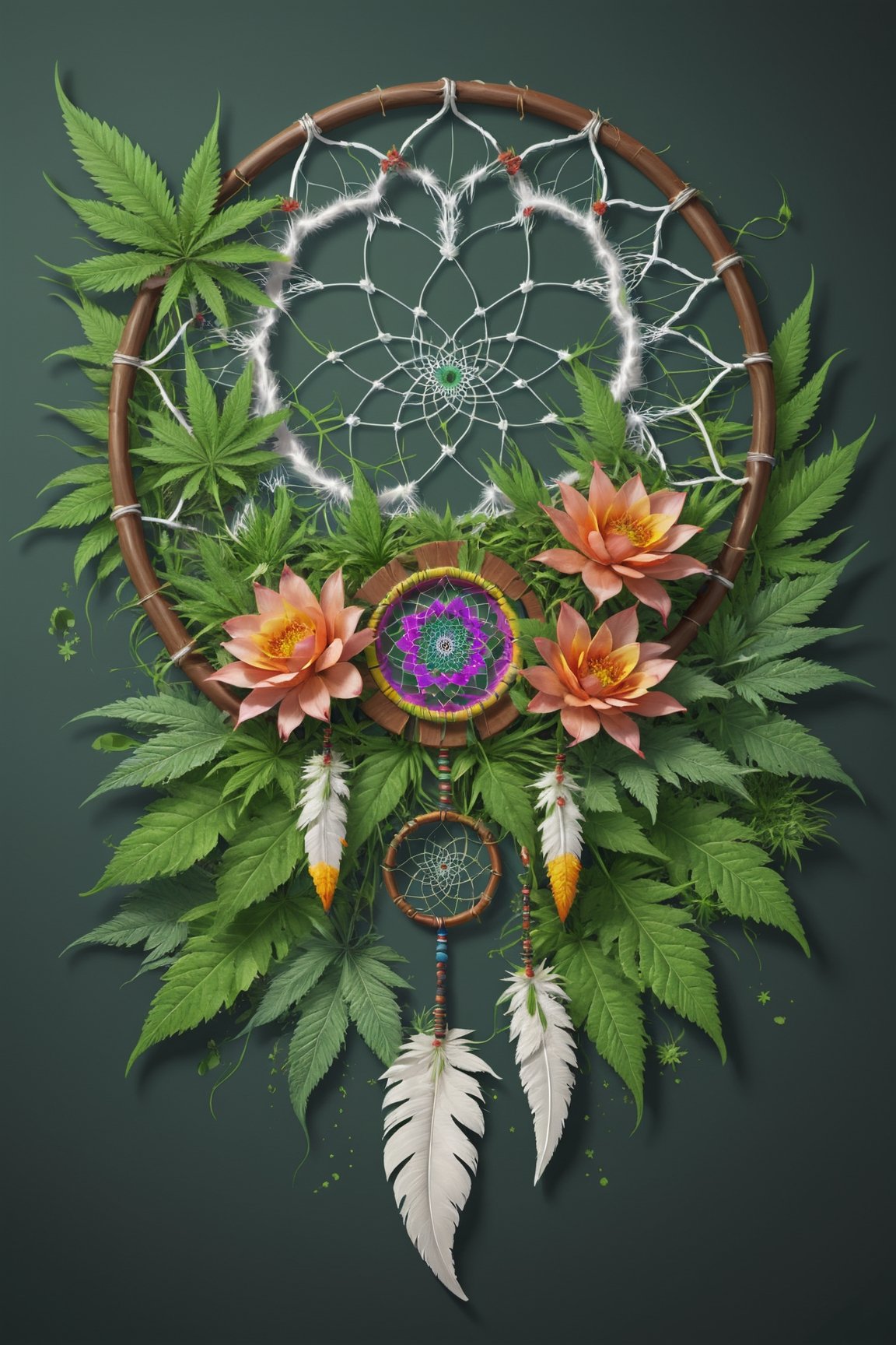 realistic mandala flower and grass and marijuana leaves and gun form a dreamcatcher