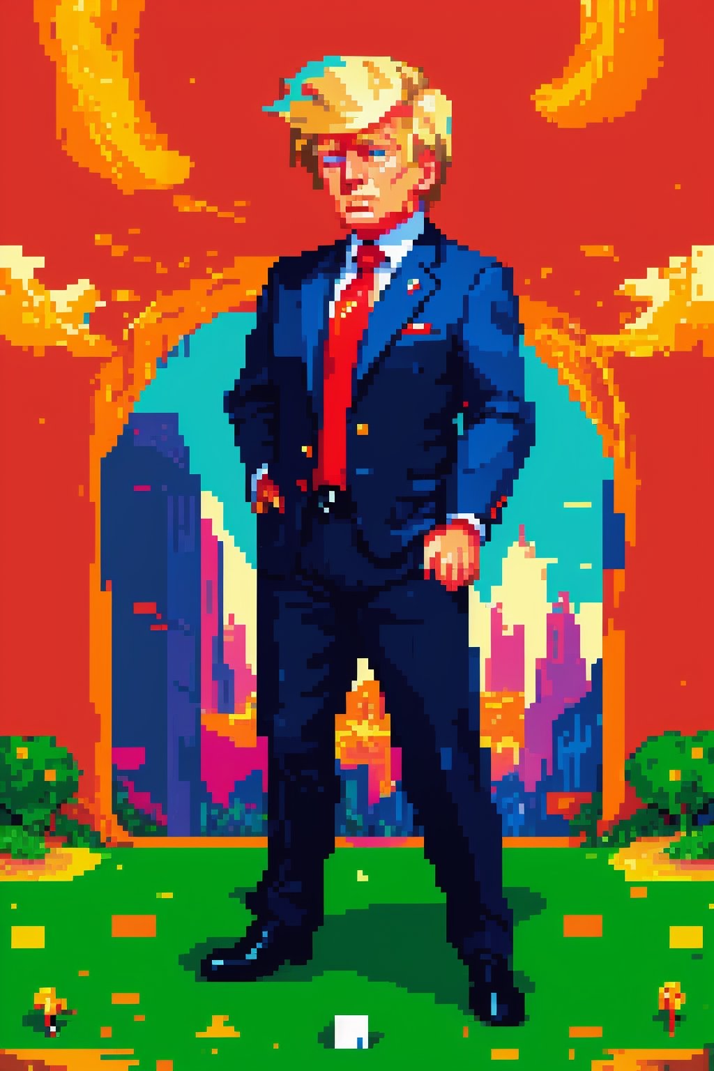 1man, blonde, Donald Trump. stunning, detailed, full_body, playing golf, pixel art, PixArFK,Pixel Art,High detailed ,PIXARFK,Color magic