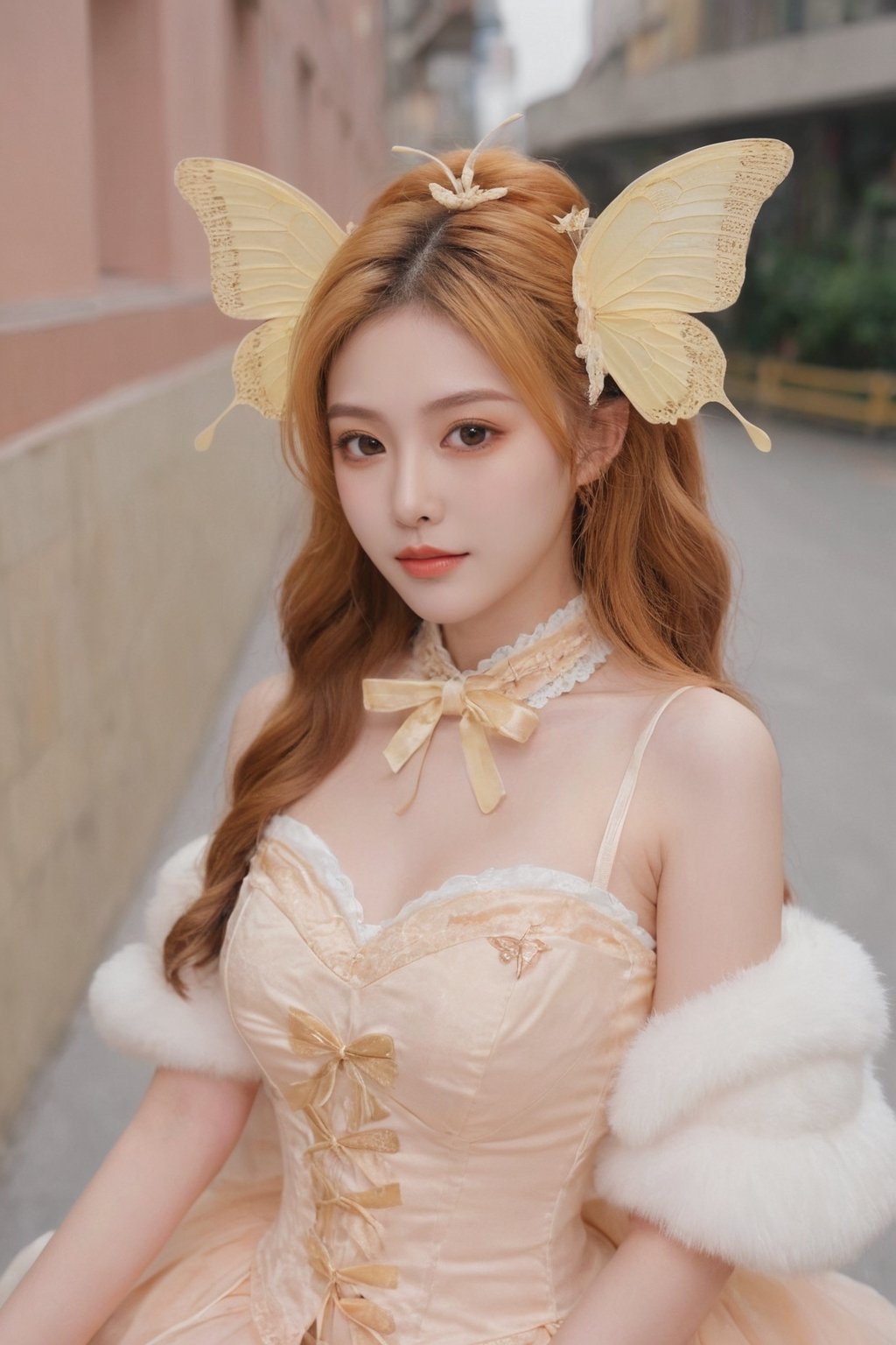 hong kong girl, Best quality, solo, butterfly\(hubggirl)\, butterfly wings, antennae, neck fur, Peach hair, yellow eyes, dressed in peach and yellow tones, Lolita, two pairs of peach wings,1 girl 