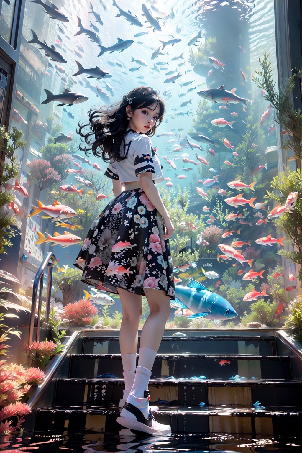 1girl, fish, stairs, scenery, solo, skirt, railing, black hair, standing in a room watching outside is a underworld, like aquarium, school uniform, short hair, underwater, serafuku, wide shot, jellyfish, shoes, pleated skirt, bubble, from behind, coral, facing away, shirt, socks, underworld,watercolor,shaonv,kawaiitech