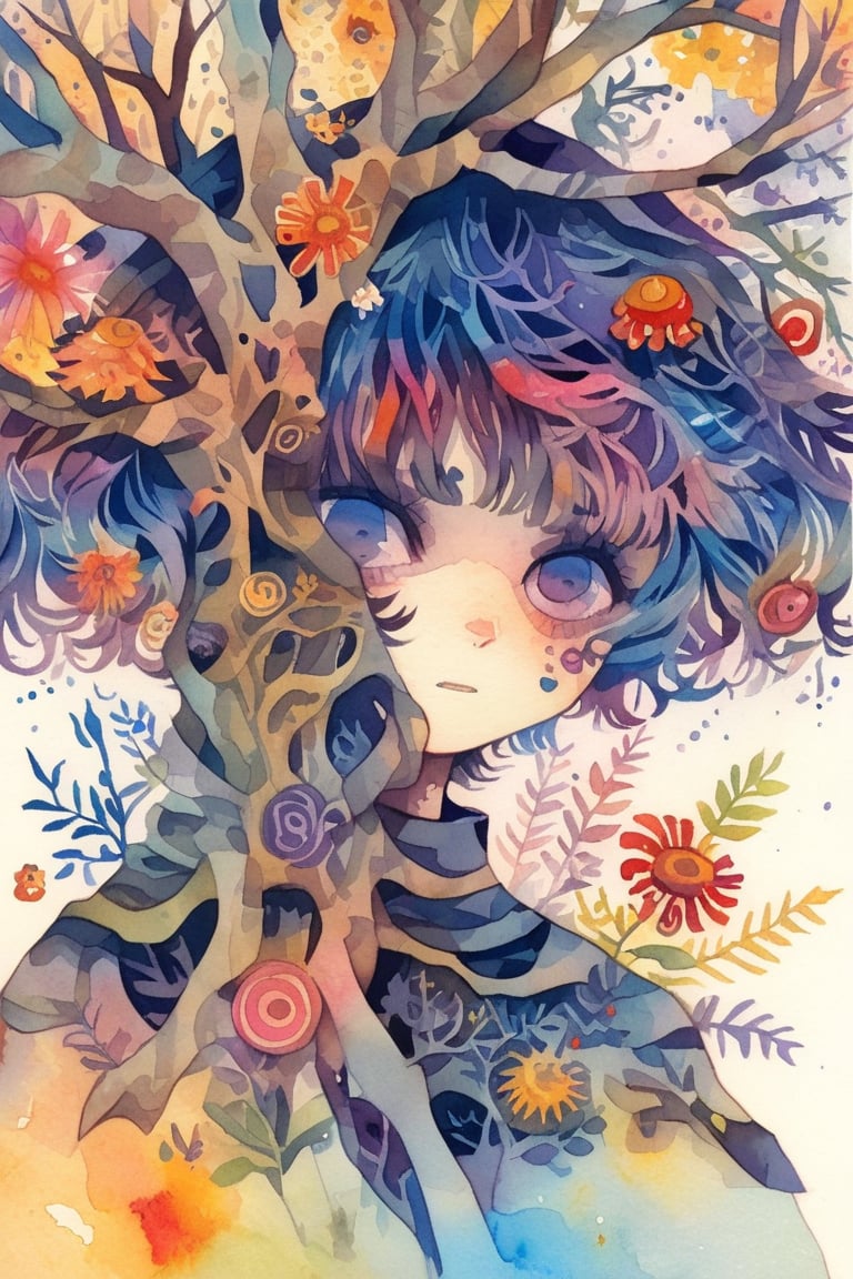 Emo design,crazy colorful illustration,Simple art,Treant, tree with a cute face, a face covered in flowers,(only Face:1.2),(face seen from the side),emo,watercolor \(medium\), ,Anime girl,papercut,dreamscape,Flat Design,doodle,doodleredm