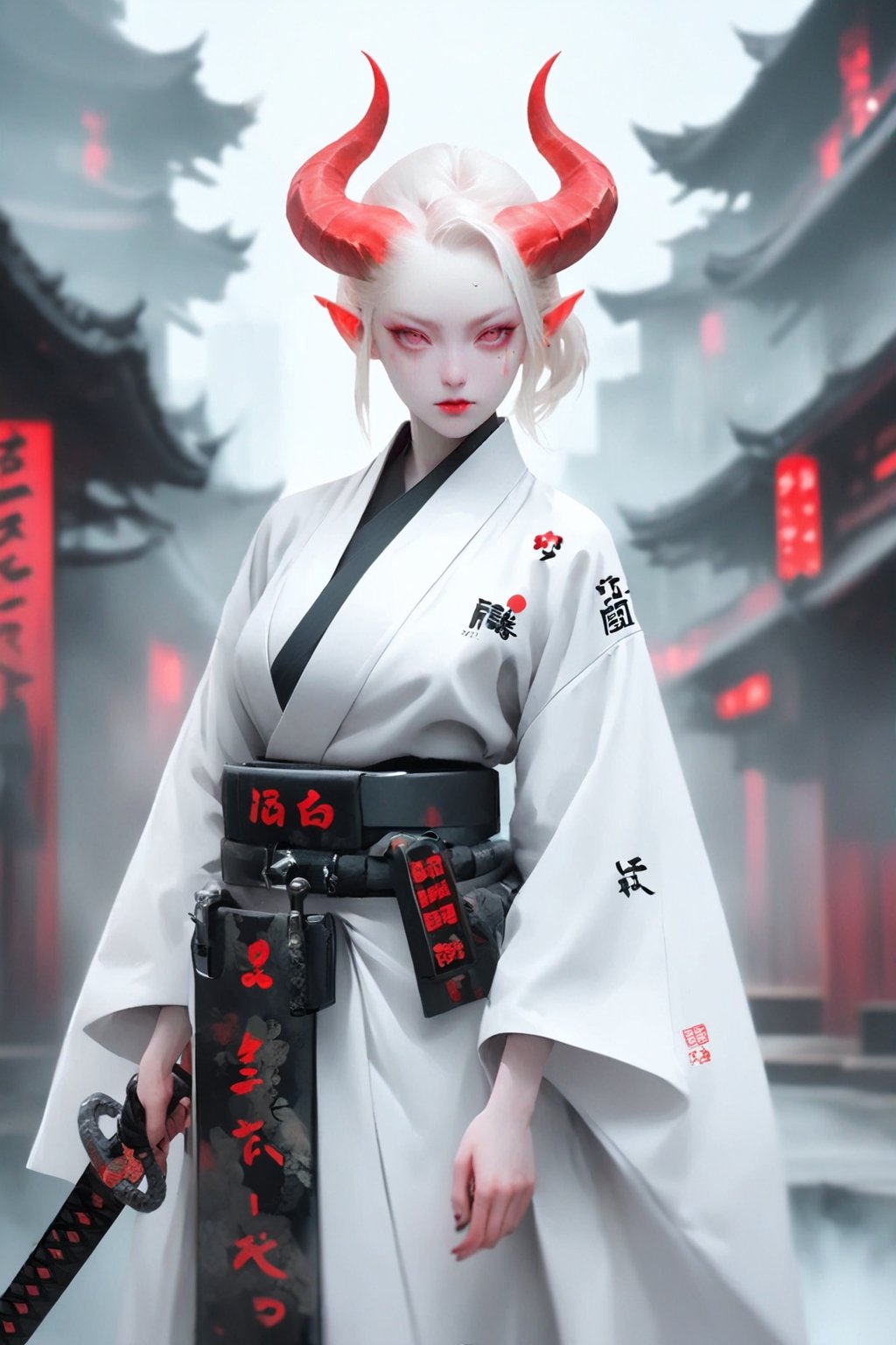 1 girl, (masterful), albino demon queen, (long intricate horns:1.2), 
kimono, one Katana in scabbard  at waist, bathed blood,large breast, Cleavage, hakama, Japanese style gaiter, kanji Tattoos, 
cyberpunk City background,photo_b00ster,ct-niji2