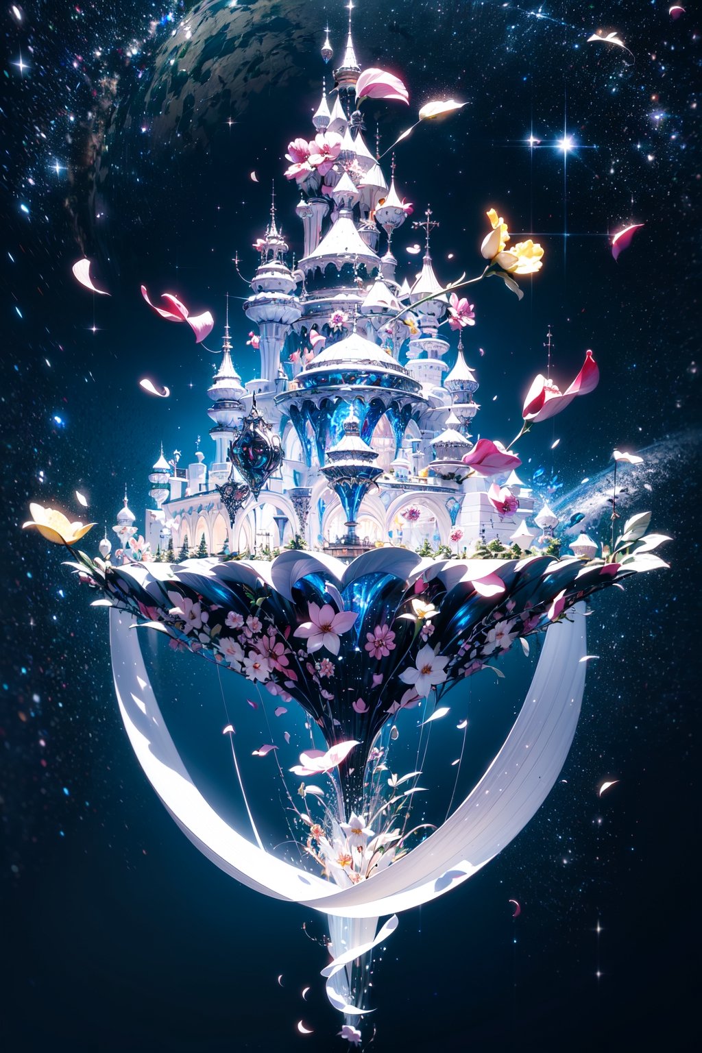  (floating castle),(complex petal structure:1.5),space background,Black and white entanglement, crystal and silver entanglement