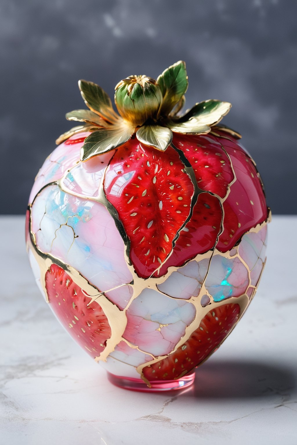 Product photo, kintsugi art strawberry, decorated with starry opal, lacquer style, pink and white, delicate light.