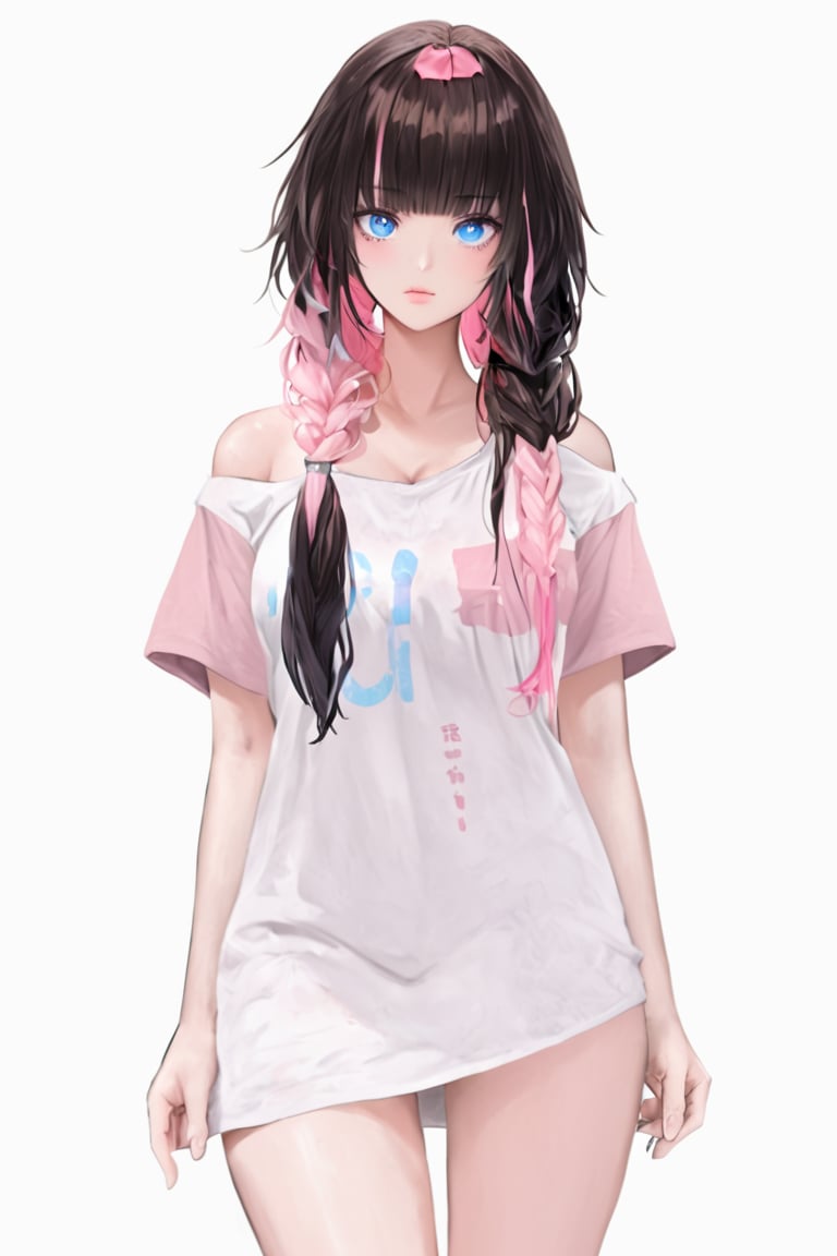 anime Girl,1girl, solo, long hair, breasts, looking at viewer, blush, bangs, blue eyes, large breasts, brown hair, shirt, black hair, white background, ribbon, cleavage, medium breasts, very long hair, collarbone, hair ribbon, pink hair, braid, short sleeves, thighs, multicolored hair, cowboy shot, virtual youtuber, off shoulder, two-tone hair, thigh gap, t-shirt, no pants, clothes writing, arm behind back, pink shirt, naked shirt, split-color hair,txznf