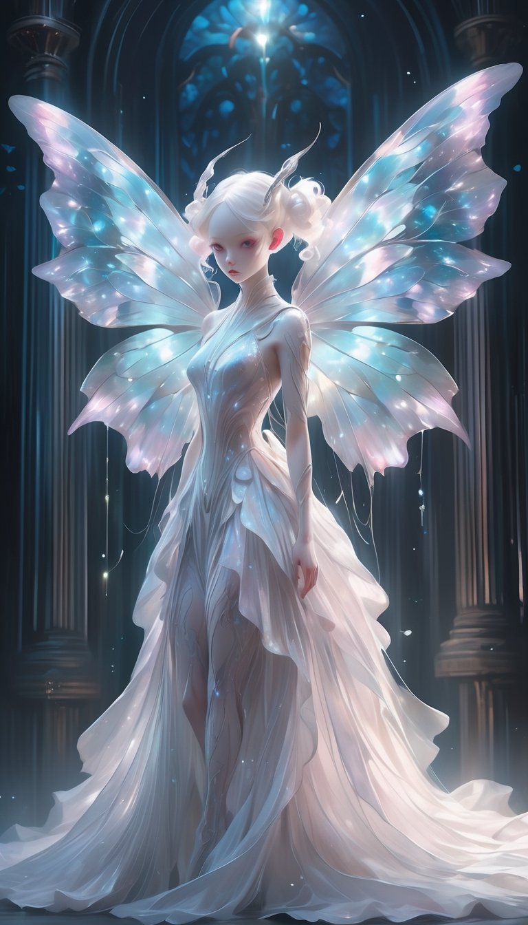 1girl, (masterpiece), stunning hybrid girl,  albino fairy and an albino demon girl,Pure white white pigtails,
blur background, sharp focus, albino demon girl,slit pupil eyes,Intricate Iris, Details their ethereal beauty blending seamlessly to create a mesmerizing presence.
Adorned in a shimmering gown that seems to radiate with otherworldly light, this unique being captivates all who behold her,Her delicate wings, reminiscent of both fairy wings and demonic appendages, flutter gracefully as she moves, adding to her enchanting allure. Despite her mixed heritage, there is a harmonious balance to her appearance, evoking a sense of wonder and admiration in all who gaze upon her.",Butterfly Style