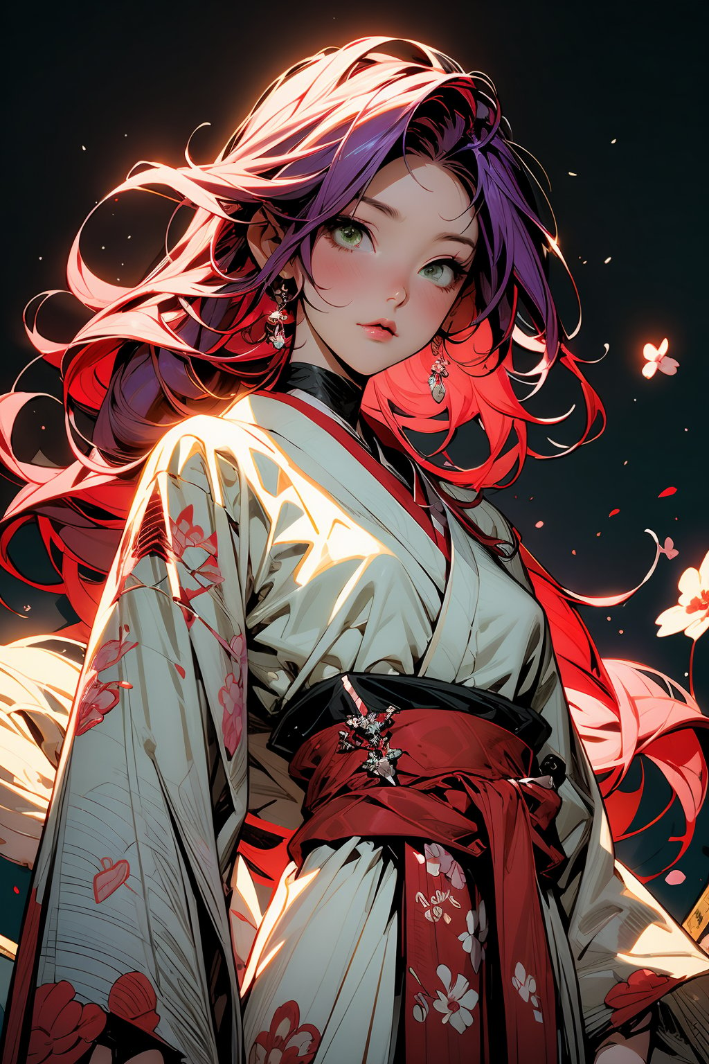 This image depicts a female anime character with long, flowing purple hair and sparkling green eyes. She is wearing a revealing white top with a gorgeous red obi tied around her waist, exuding an elegant demeanor. The character is adorned with red gloves and is holding a long spear in her right hand, showcasing her warrior-like qualities. The background is filled with vibrant pink cherry blossoms and red patterns, as if immersed in traditional Japanese culture, exuding a blend of classical and fantasy beauty. The overall scene is full of the grace of a warrior and Eastern charm, giving viewers a mysterious and enchanting feeling.