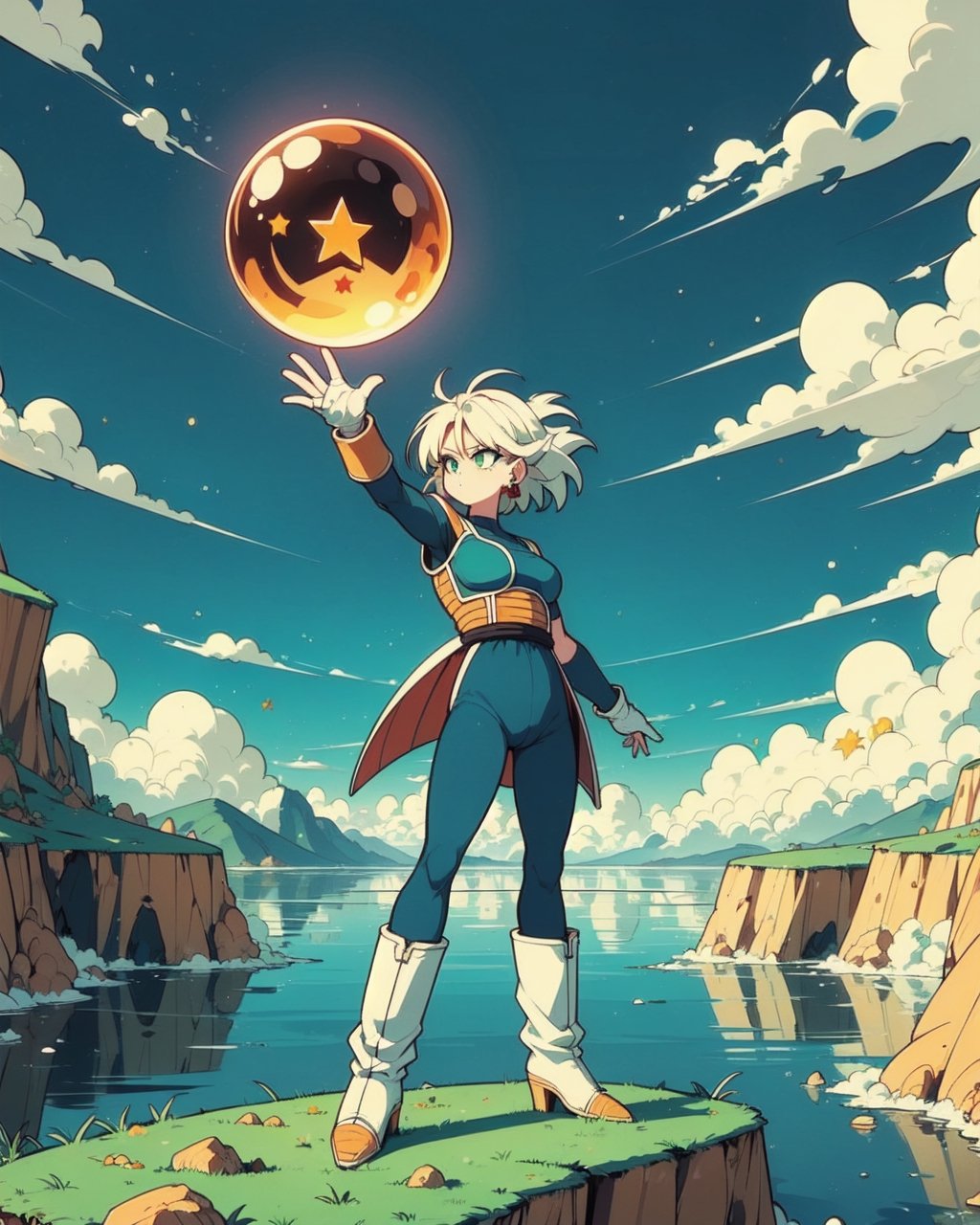 1 girl, holding a star dragonball,
raise arm,
battle armor,
blue bodysuit,
white gloves,
white boots,
orange pauldrons,
spiked hair,
earrings,
cloud,
sky,
hill,
lake,
grass,
plateau, 2D, colorfull, 
,green theme