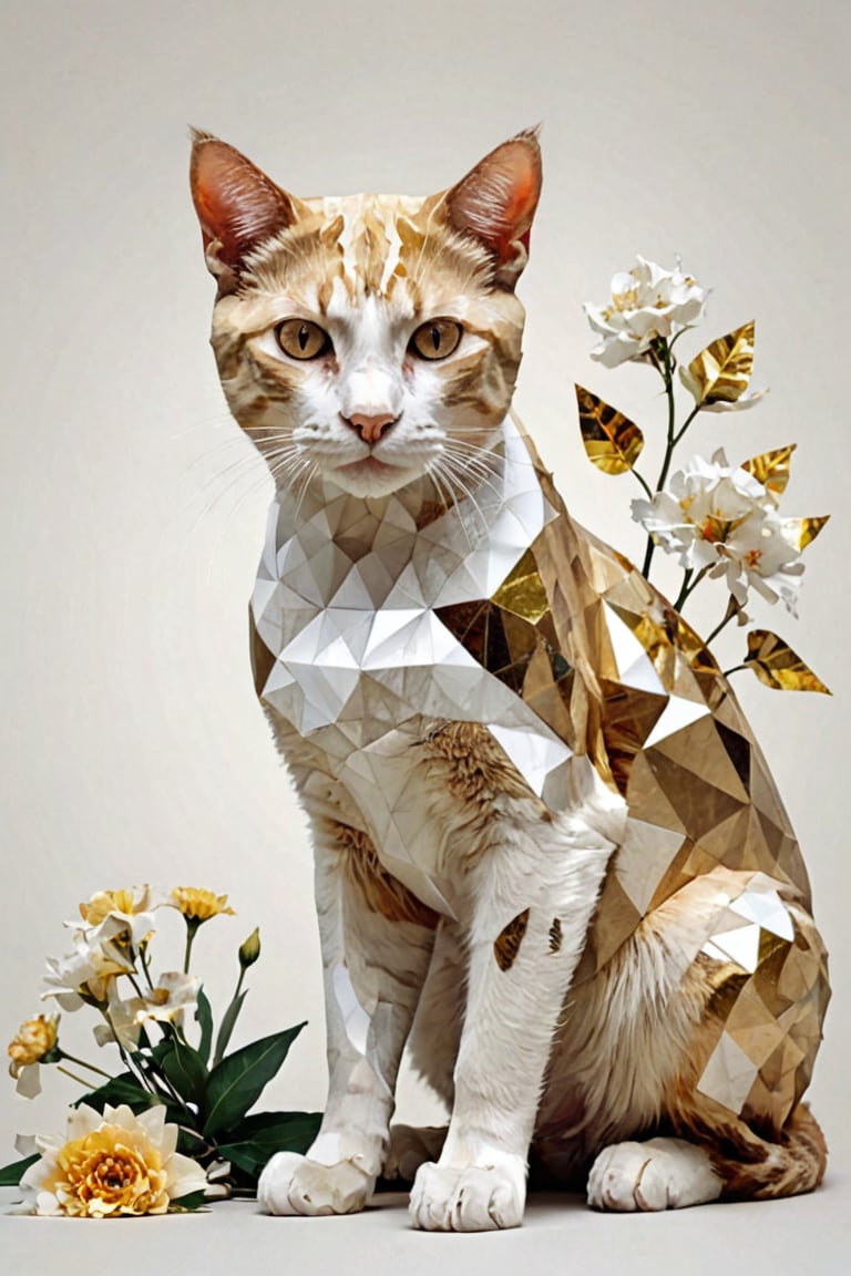 fragmented, full body, A cat, Half golden and half white, osmium, next to a bunch of flowers, a low poly render, surrealism, geometric shapes and pixel sorting, white gradient background, style of Anthony Gerace, russ mills, Dual representation, One half of the cat's face is white and the other golden geometric, gold-colored triangular facets that appear to be breaking away into smaller triangles, giving the impression of the cat transitioning into an abstract form, polygonal fragments, flowers growing out of his bodyfractal art, abstract, hyperrealistic, masterpiece, best quality, 