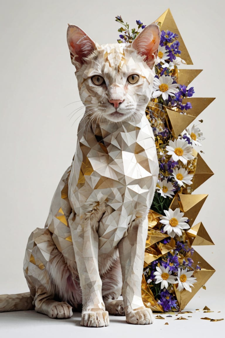 fragmented, full body, A Puppy, Half golden and half white, osmium, next to a bunch of flowers, a low poly render, surrealism, geometric shapes and pixel sorting, white gradient background, style of Anthony Gerace, russ mills, Dual representation, One half of the cat's face is white and the other golden geometric, gold-colored triangular facets that appear to be breaking away into smaller triangles, giving the impression of the cat transitioning into an abstract form, polygonal fragments, flowers growing out of his bodyfractal art, abstract, hyperrealistic, masterpiece, best quality, 
