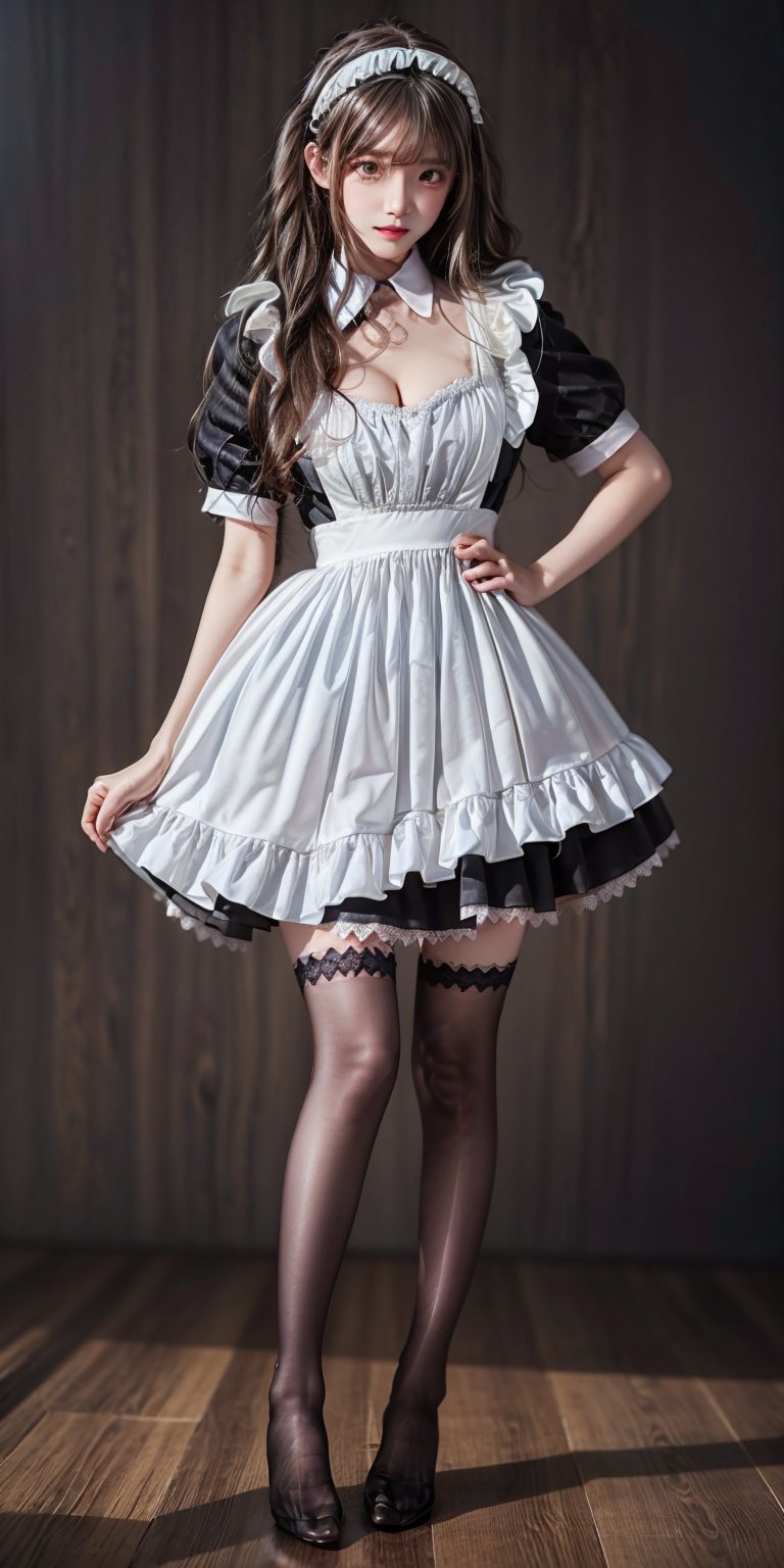 Best Quality, Masterpiece, Ultra HD, (Photorealistic: 1.4), RAW Photo, Blurred Background, Full Body Shot, Baby Face, (Teen: 1.5), 1girl, Solo, clad in a ((stocking)), cleavage cutout, edgy and alluring aesthetic, slender legs, ((intricately designed thighhighs)), black high-heel, Maid_Dress, restaurant background, Maid_Dress, maid attire, standing, straight up, maid attire